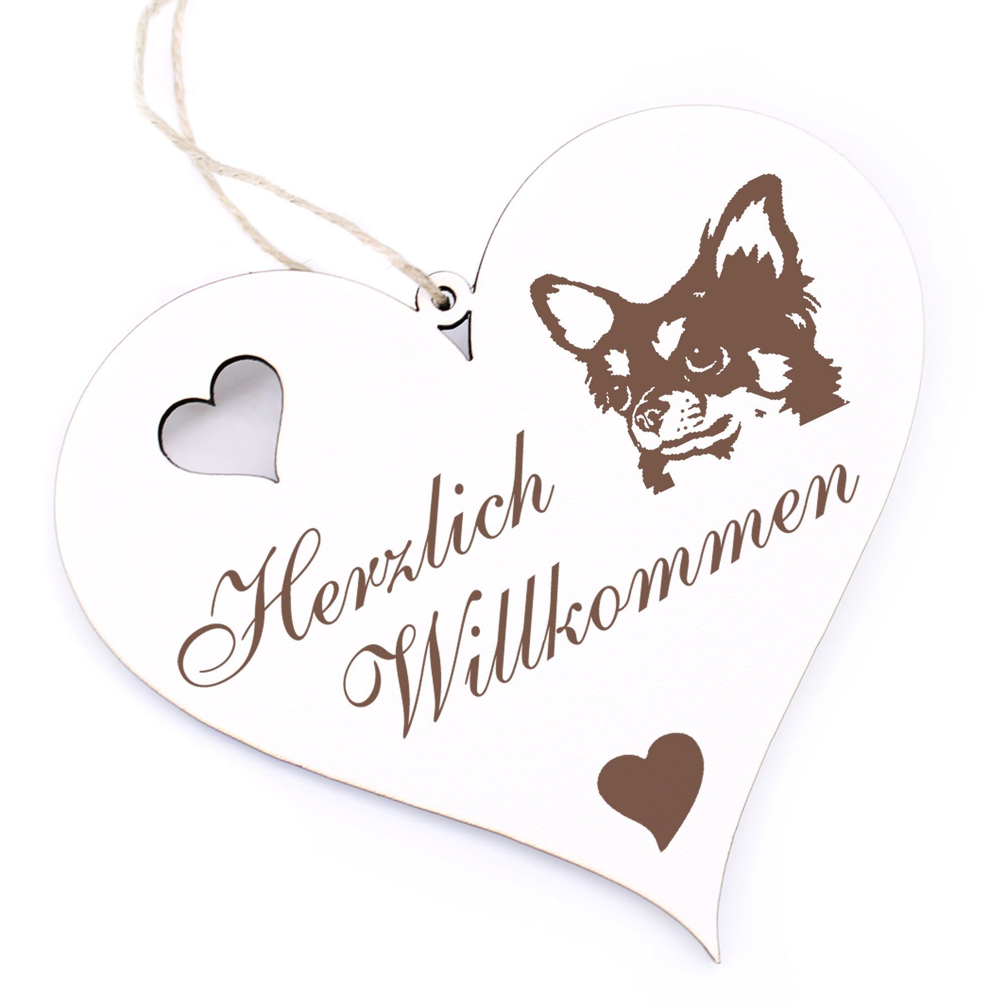 Dekolando Hängedekoration Herzlich Willkommen - Langhaar Chihuahua Kopf - 13x12cm