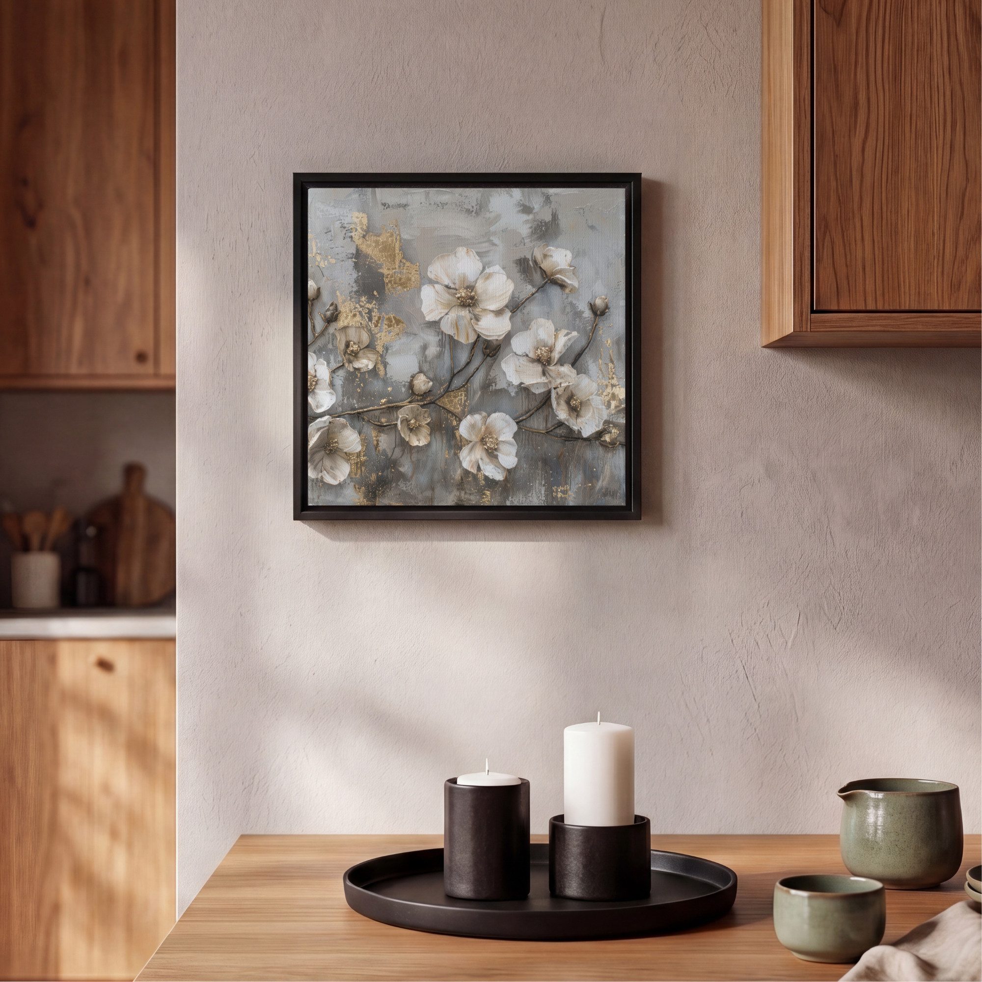OneMillionCanvasses® Leinwandbild mit Rahmen - Blumen - Weiß - Grau - Gold - Luxus, Fotodruck (1 St), Leinwand Bilder Klein, Wand Dekoration Aesthetic 20x20cm – Bild 2 von 5