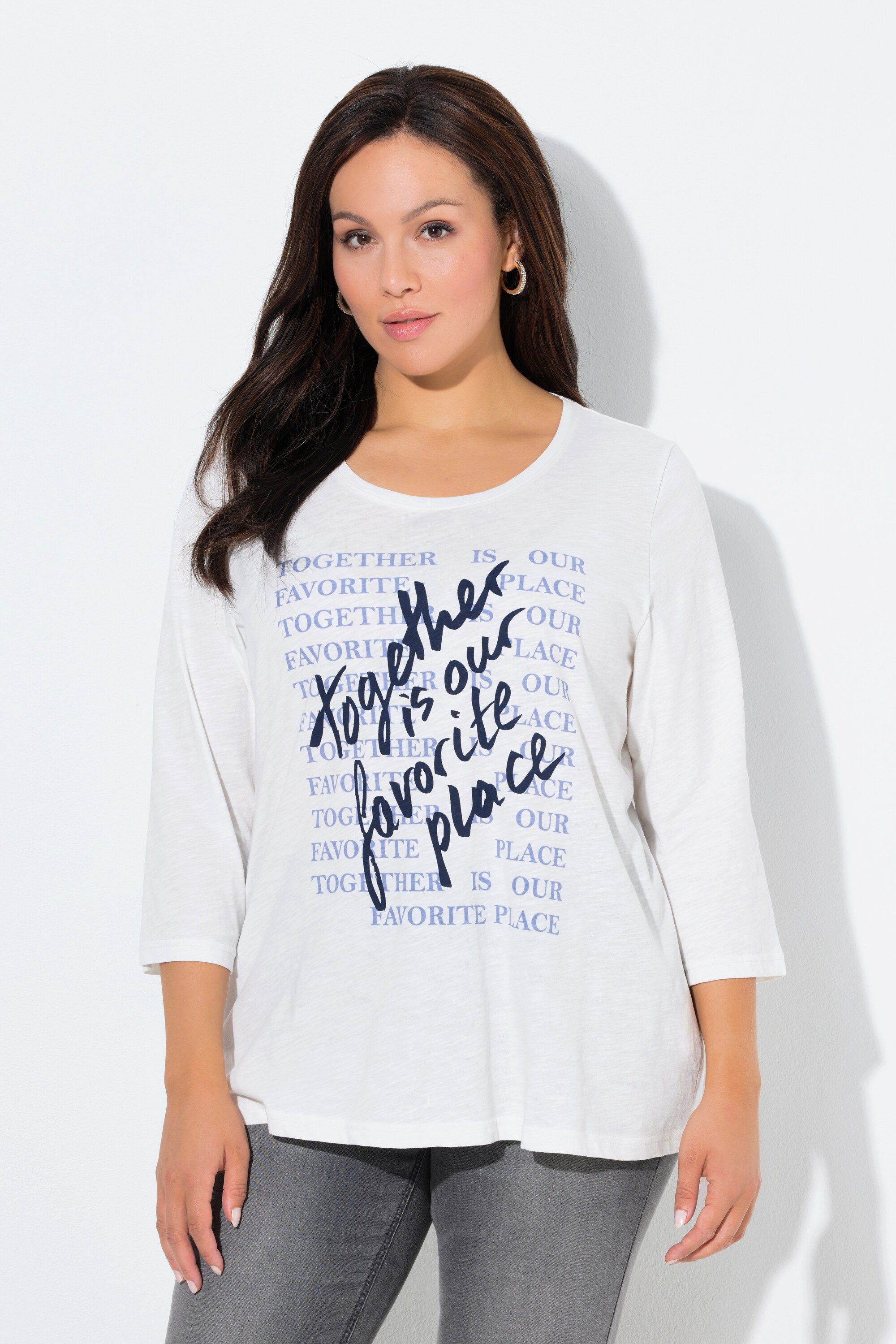 Ulla Popken T-Shirt Shirt Schriftmotiv Classic Rundhals 3/4-Arm günstig online kaufen