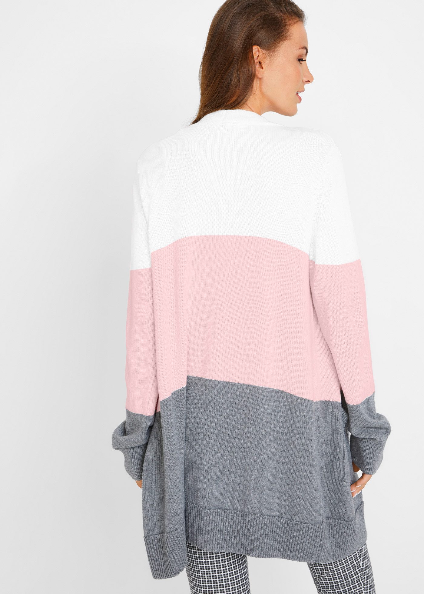 bonprix Longstrickjacke dreifarbig, lockere Passform, Casual Stil, mit Knopfleiste