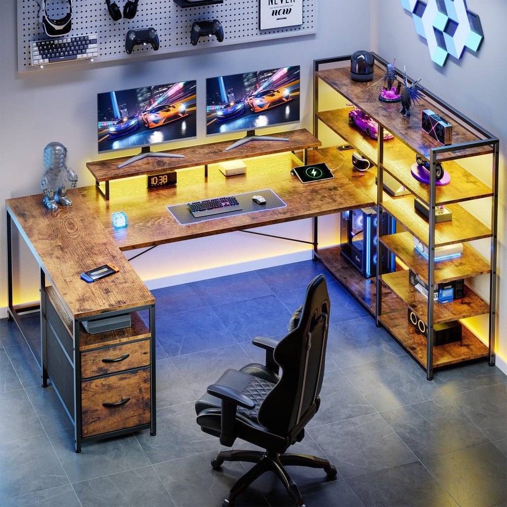 Klyvvo Eckschreibtisch U-Form Schreibtisch mit LED, 2 Schubladen & 6 Regalen (1-St., Monitorhalterung, Steckdosen), Großer Schreibtisch für Homeoffice, Studieren, Gaming