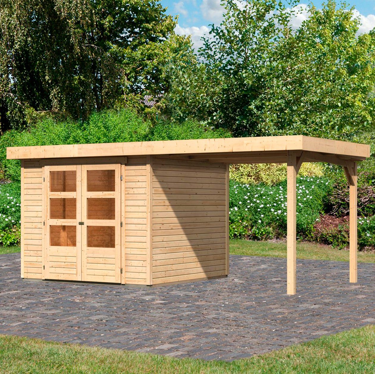 Karibu Gartenhaus Arnis 3,5, BxT: 266x262 cm, (Set), mit Anbaudach 2,40 cm Breite