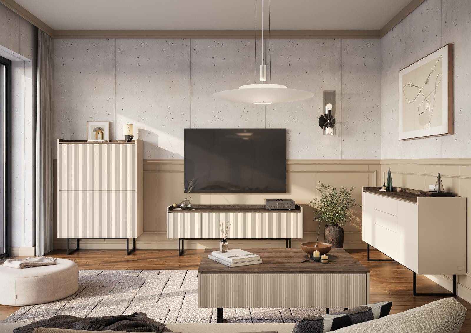 Compleo Wohnzimmer-Set modern DENI (Highboard, Sideboard, TV-Schrank, Couchtisch), gerillte Front