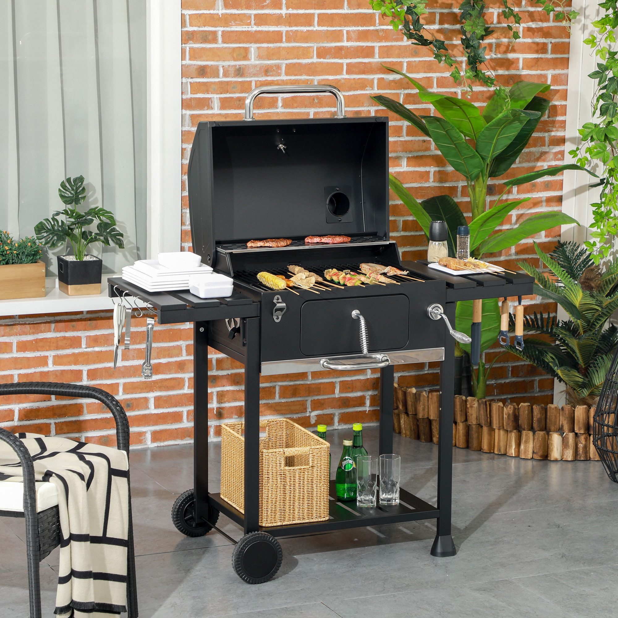 Outsunny Holzkohlegrill Grillroste, 2 Stück, klappbare Seitenablage, Regal, Griff, Campinggrill, Grillwagen, für BBQ, Edelstahl, Schwarz, 120 x 64 x 114 cm
