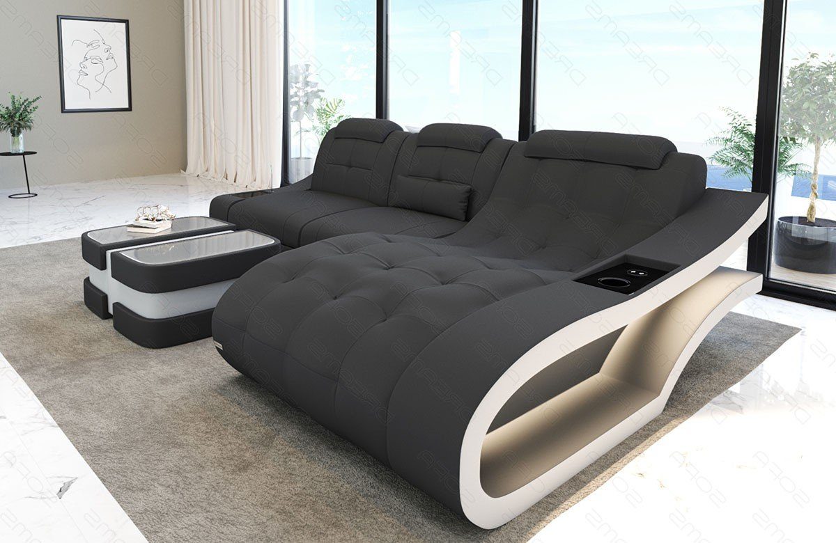 Sofa Dreams Ecksofa Stoffsofa Polster Couch Sofa, - Stoff wahlweise mit mit L Bettfunktion Form LED, M Elegante grau-weiß
