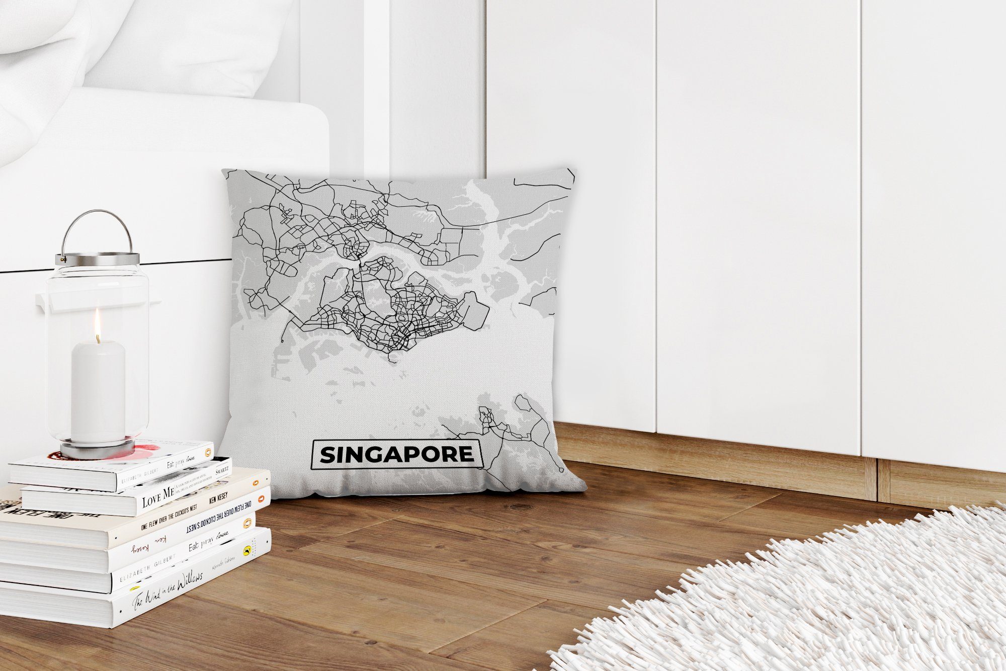 MuchoWow Dekokissen Singapur - Deko, Wohzimmer, und Stadtplan Schwarz für Zierkissen Füllung Karte - - - mit Karte, Sofakissen Schlafzimmer, weiß