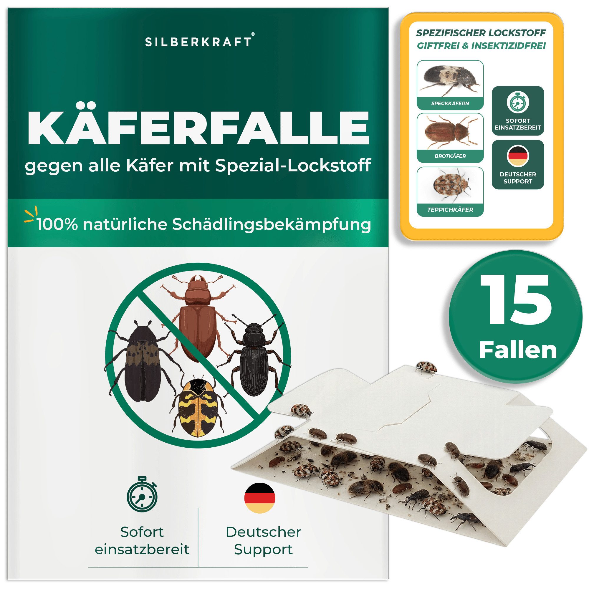 Silberkraft Insektenfalle Käferfalle gegen diverse Käfer mit Spezial-Lockstoff Langzeitschutz, Biozidfrei & Geruchslos Extrastarke klebefläche Gezielte Anlockung