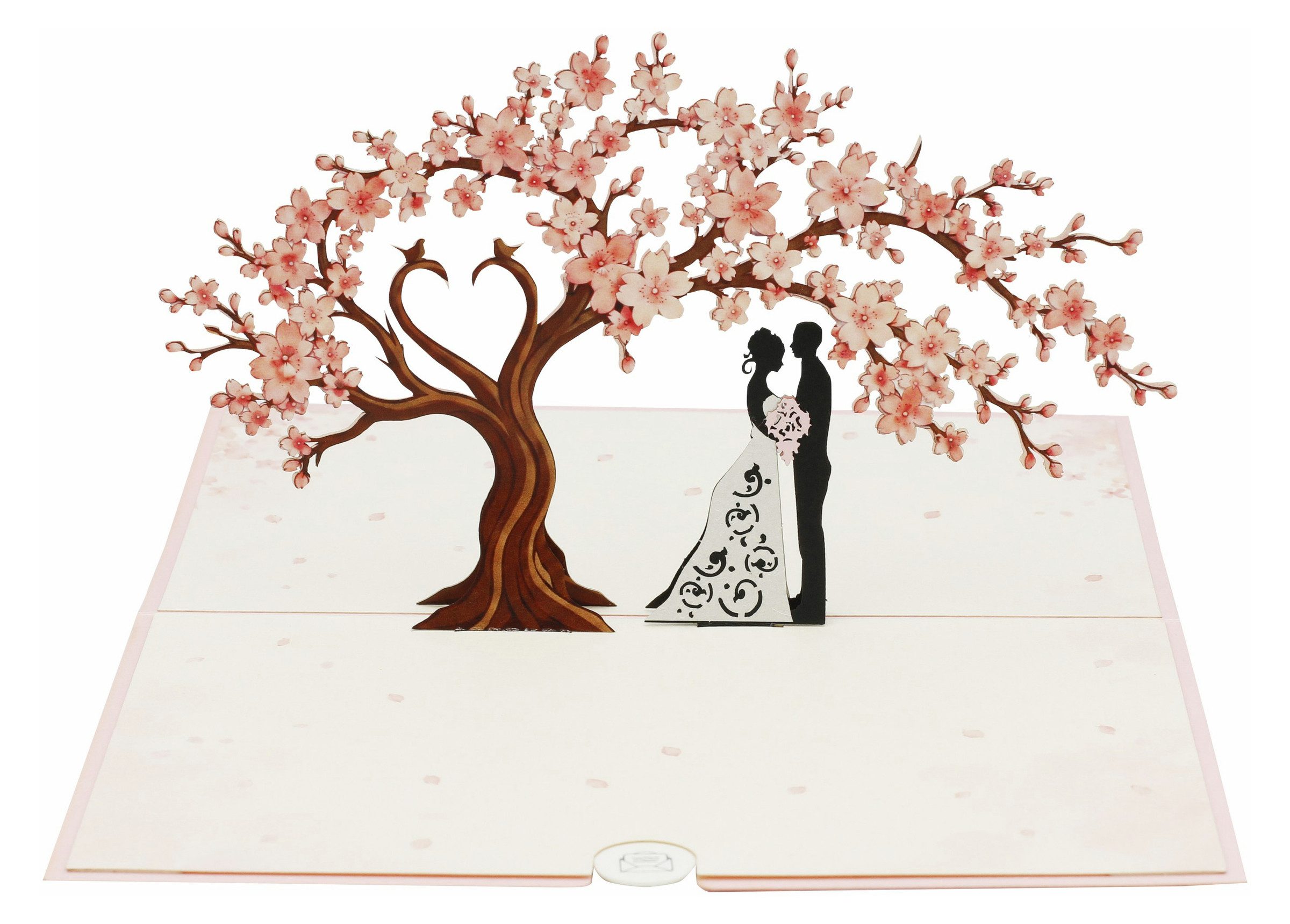 design3dkarten Hochzeitskarte Pop Up Karte Hochzeit – 3D Brautpaar unter rosa Kirschblütenbaum, mit herausnehmbarem Einleger, Umschlag und Schutzhülle