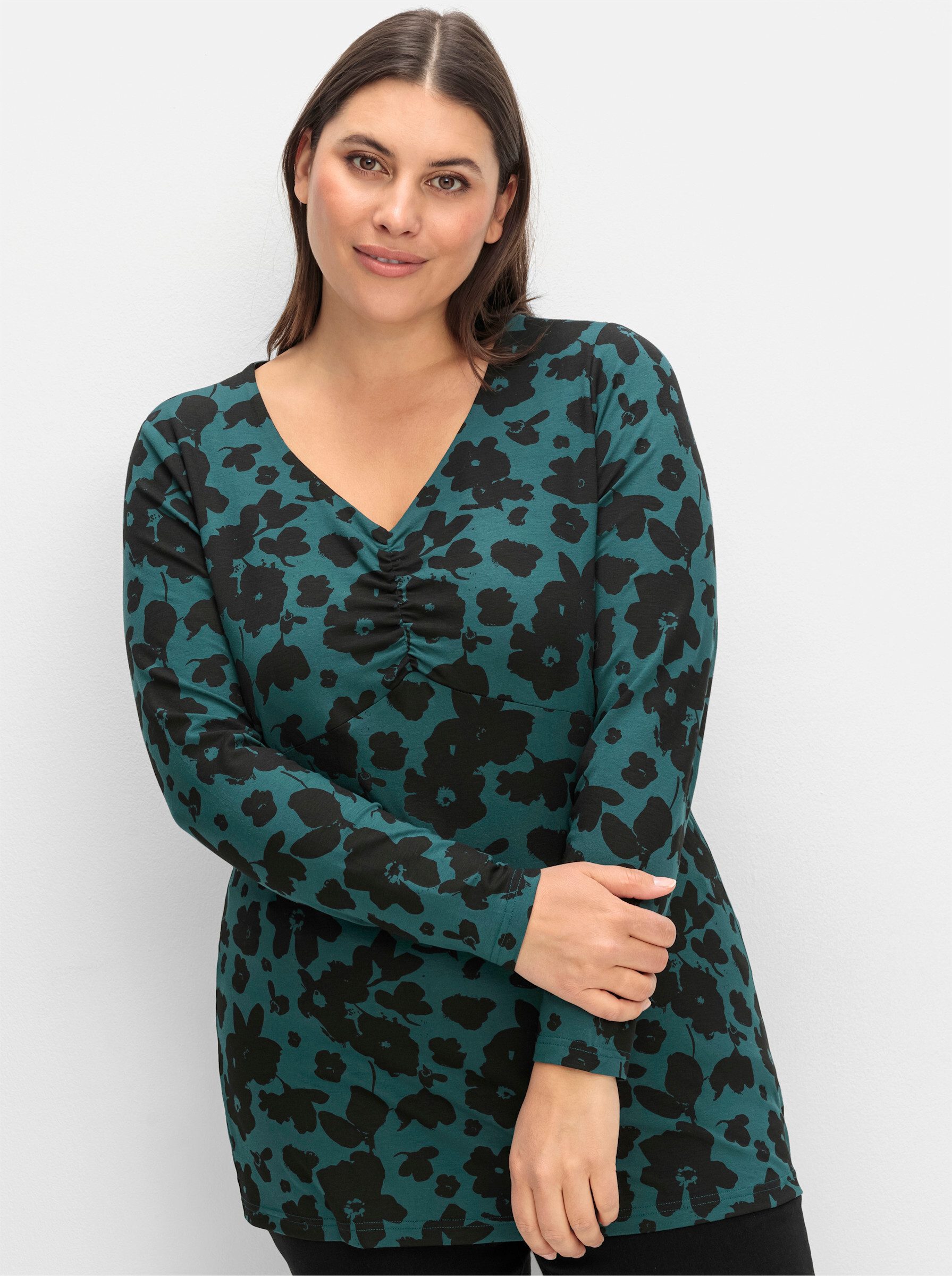 Sheego T-Shirt Langarmshirt . mit Blumendruck und V-Ausschnitt günstig online kaufen