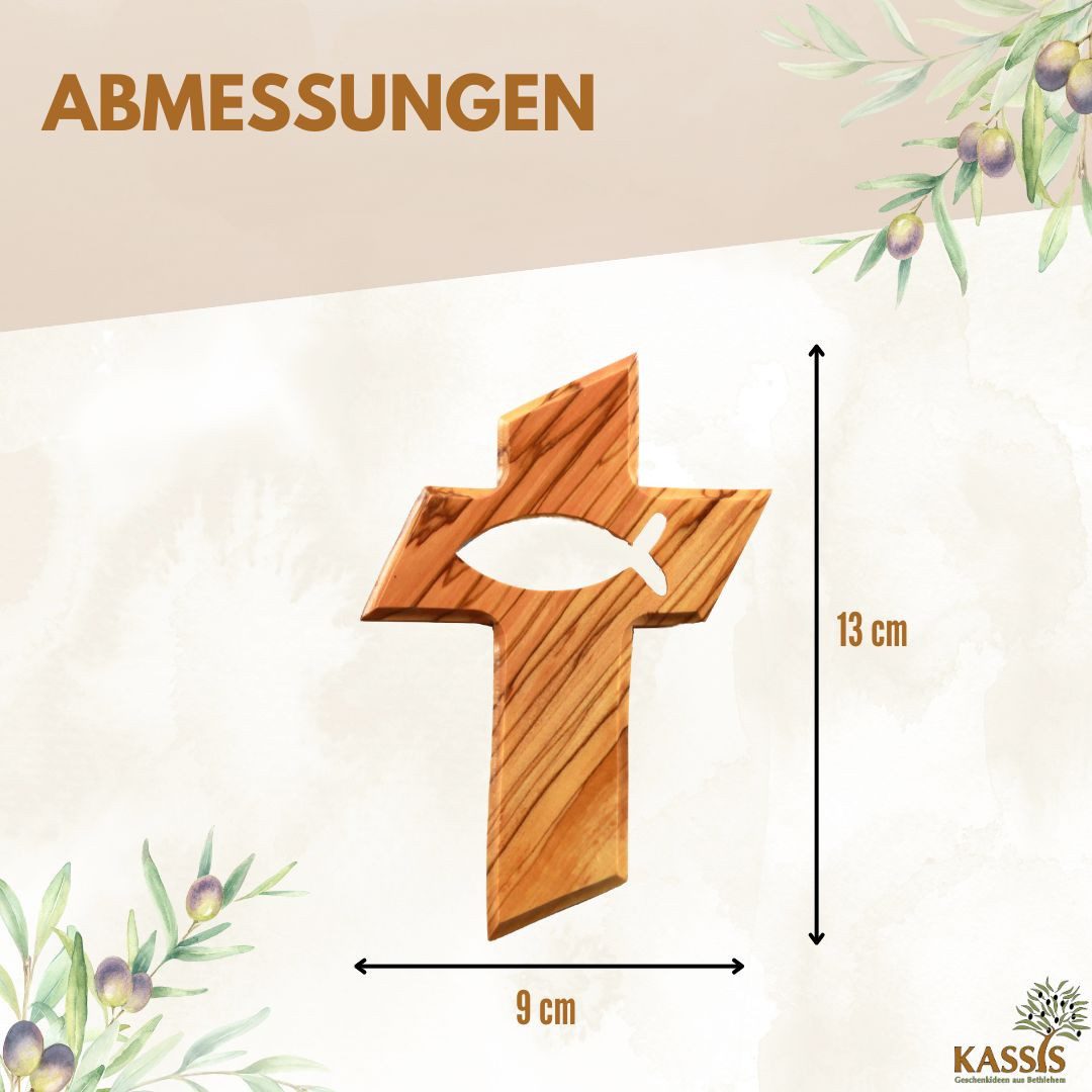 Kassis Geschenkartikel Wanddekoobjekt Olivenholz Kreuz mit Fisch 13 cm Geschenk zu mehreren Anlässen, Hergestellt in Bethlehem, Ideales Geschenk zu mehreren Anlässen
