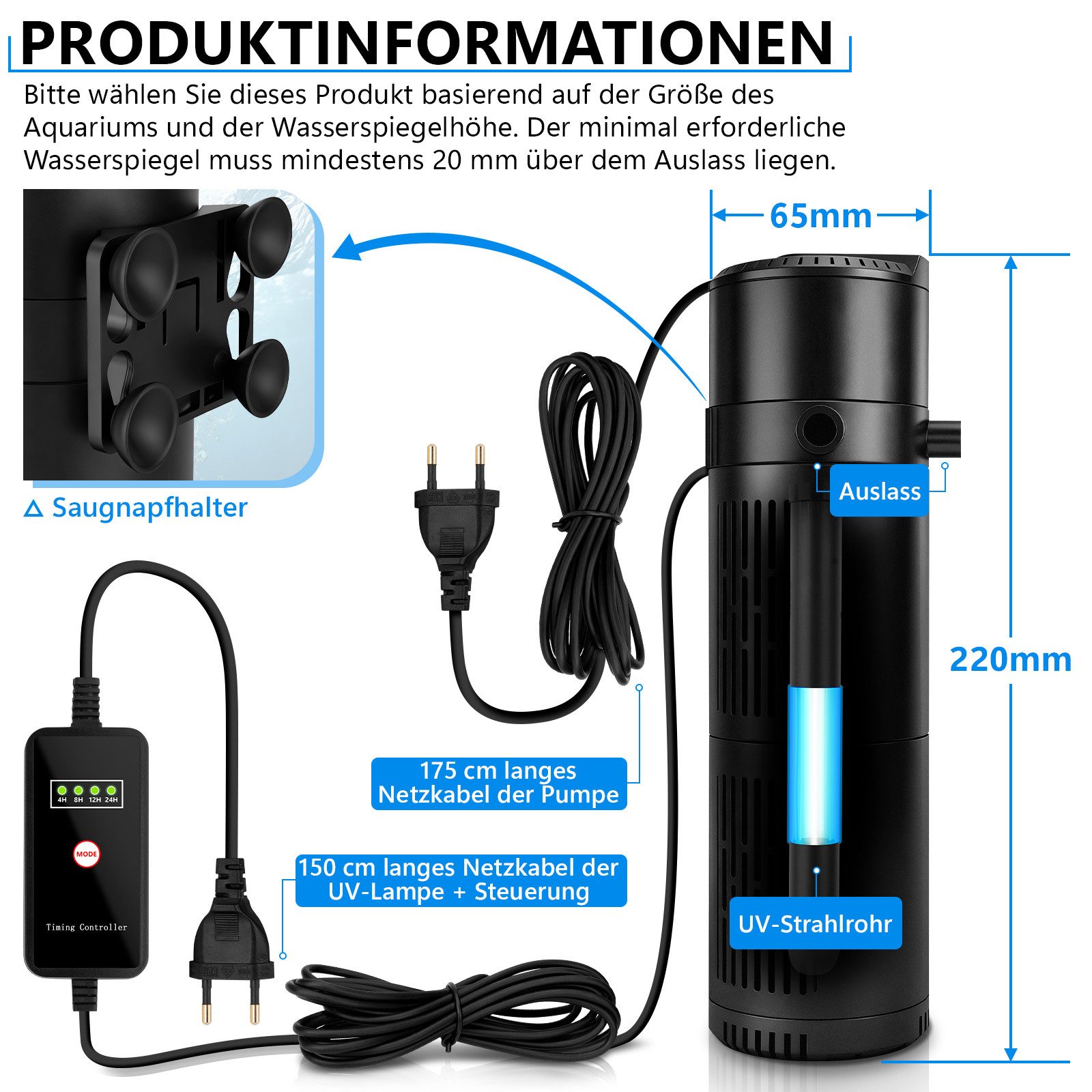 XERSEK Filterpumpe 4in1 UVC Klärer Aquarium Filter mit Timer Innenfilter für 150-700L (Mehrfunktionspumpe: Filtration, UV-Klärung, Belüftung, Strömung), Tauchpumpe Für stabiles Wasser, natürlichen Kreislauf, weniger Wechsel