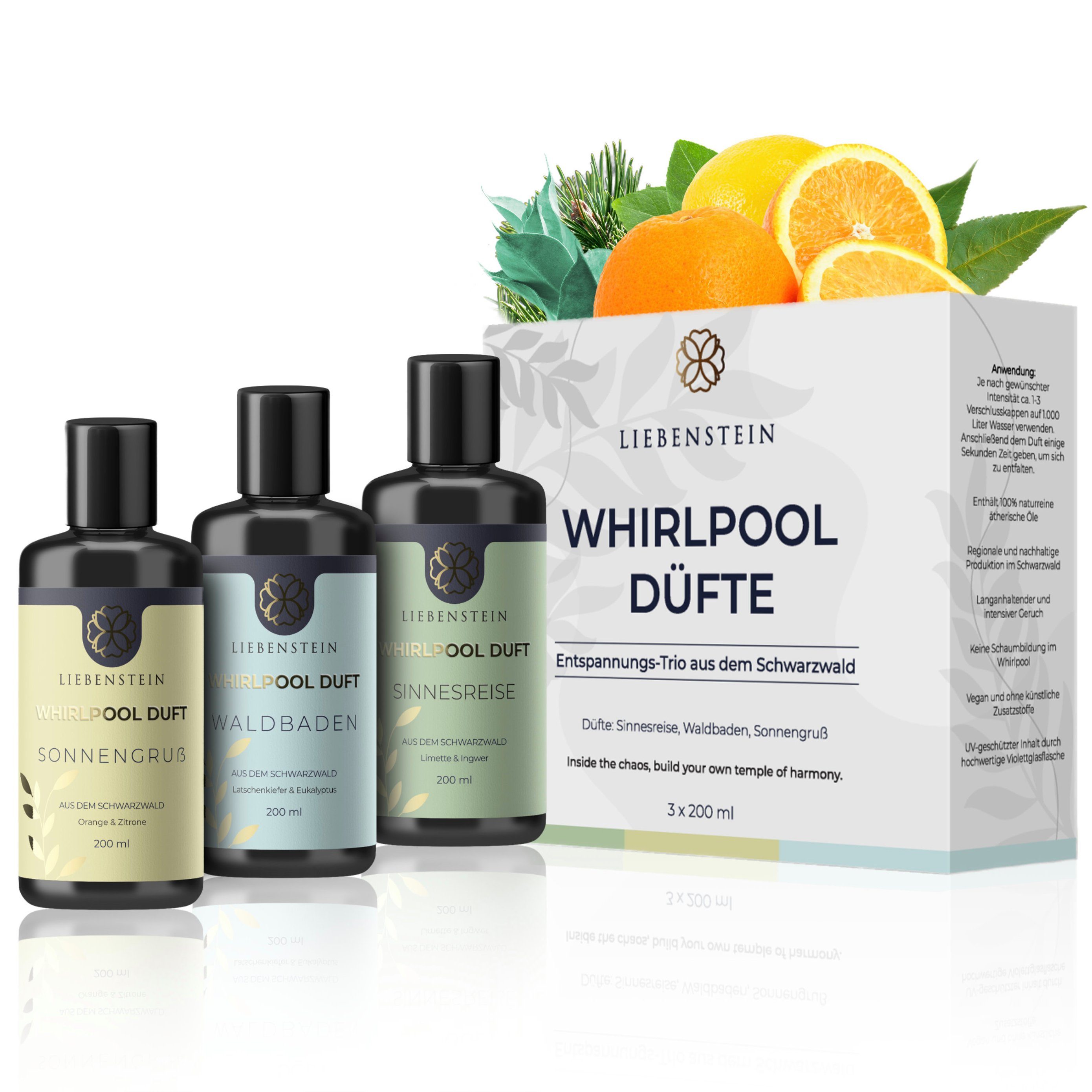 100% Duft Inhaltsstoffe, produziert Duftzusatz], Entspannungs-Trio und Set nachhaltig [3x200ml Whirlpool Liebenstein Badezusatz regional naturreine Whirlpool 1-tlg.,