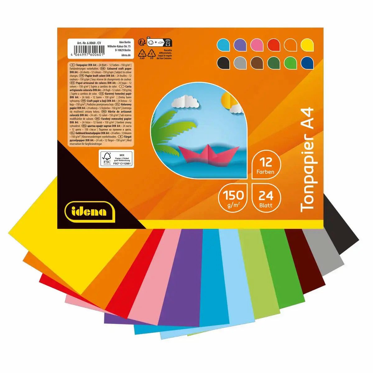 Idena Spiel Idena Tonpapier Set - 24 Blatt in 12 leuchtenden Farben DIN A4
