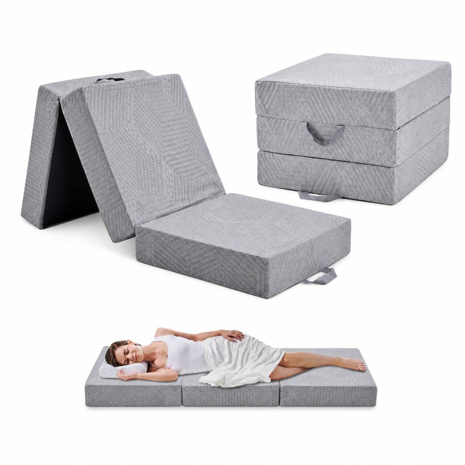 Klappmatratze 3-teilig H3 Faltmatratze Gästematratze Gel Memory Foamkern, Tragegriff, emerspring, 15 cm hoch, Ideal als Gästebett, Bodenmatratze und Campingmatratze