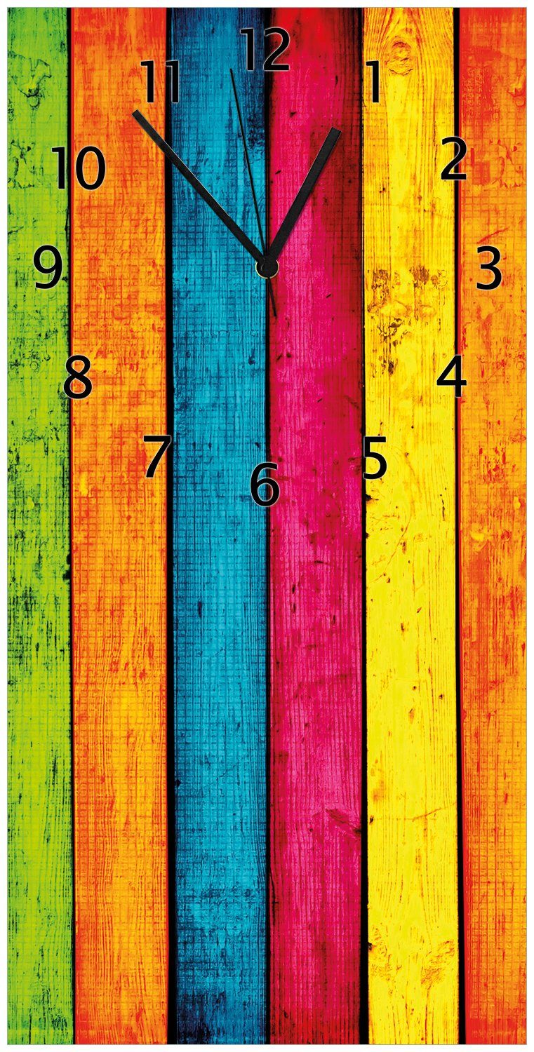 aus und Farbe Acryl) Wallario bunte Streifen (Uhr - Wanduhr Holz mit Holzstruktur Buntes