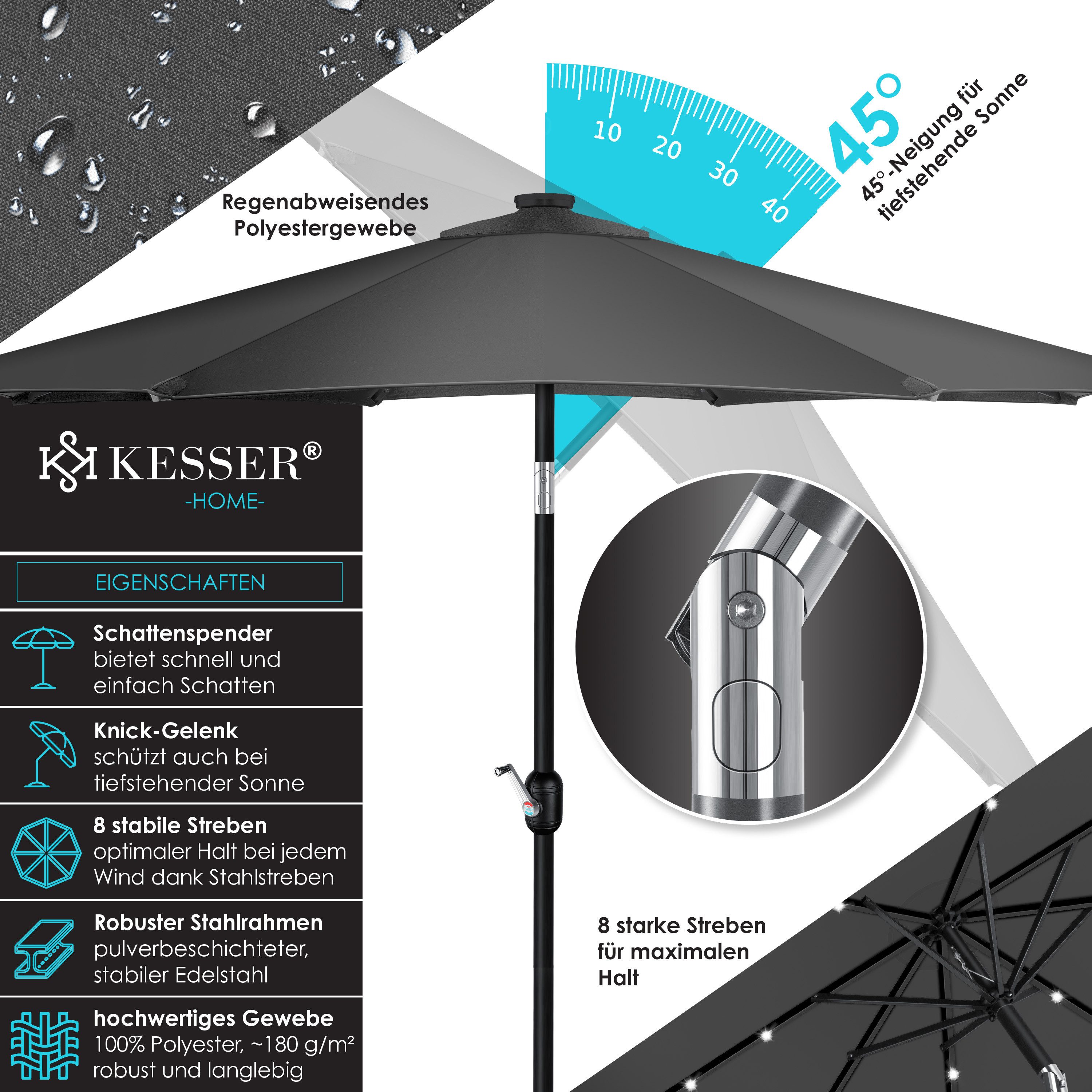 KESSER Sonnenschirm, Sonnenschirm Balkonschirm LED Solar mit Kurbel günstig online kaufen