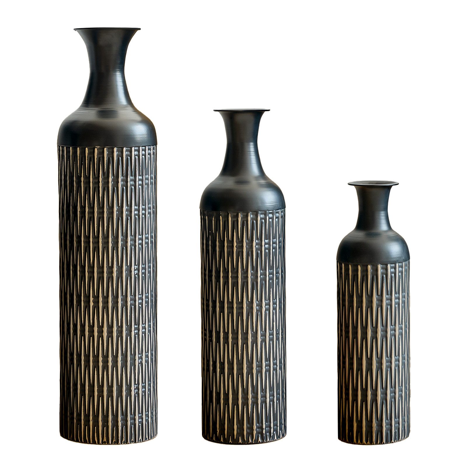 KLAM HOME Bodenvase Große Bodenvase 3er Set aus Metall, (50/65/83 cm), Mid-Century Modern (Dekovase Boden bis zur Decke reichende Vase, hohe dekorative Vase), Vintage Deko, Dekorative Vase für Wohnzimmer, Flur und Schlafzimmer