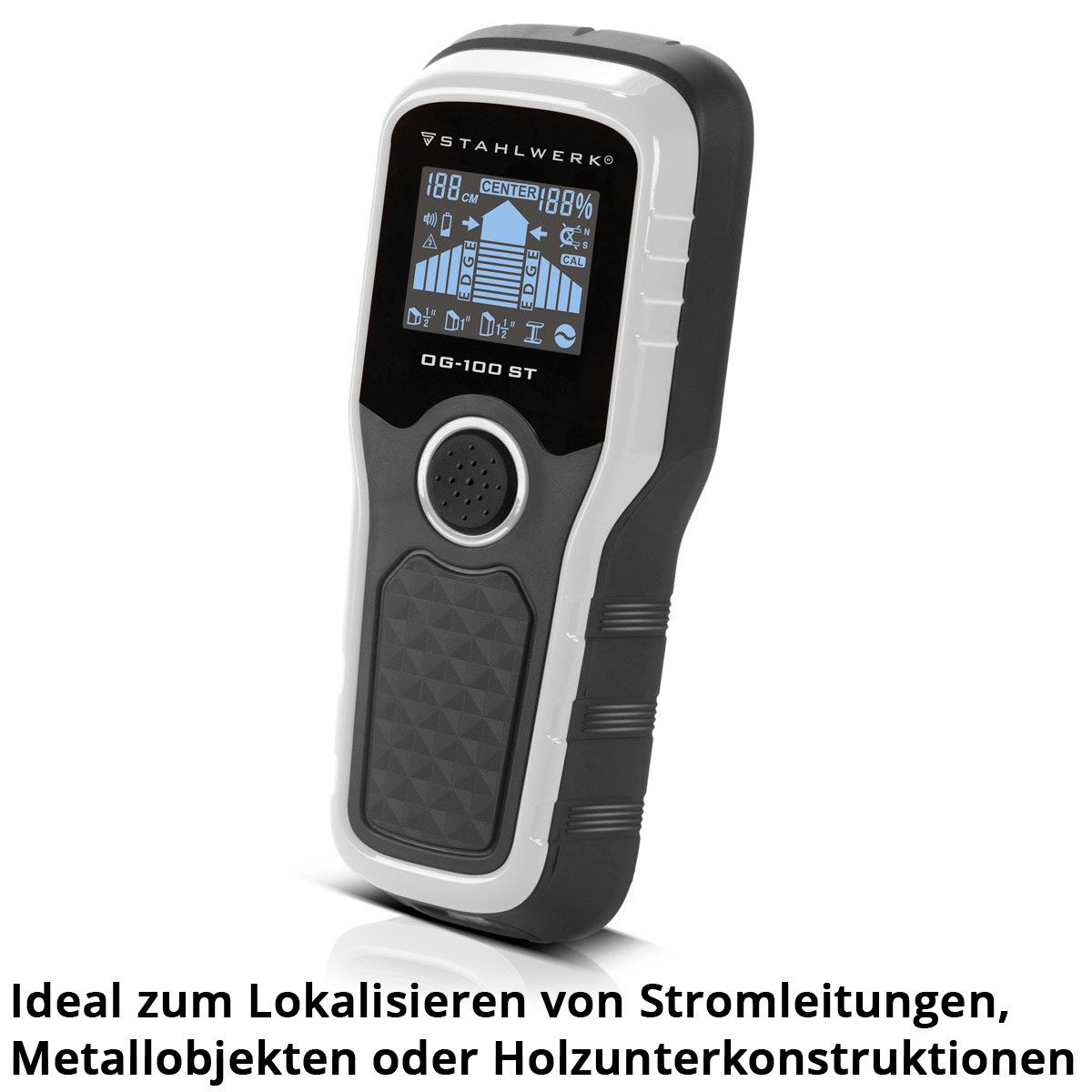 STAHLWERK Elektro-Multifunktionswerkzeug Ortungsgerät Wandscanner Metalldetektor Leitungssucher Bolzendetektor, 9 V, Set, Einzelartikel, übersichtliches LCD-Display