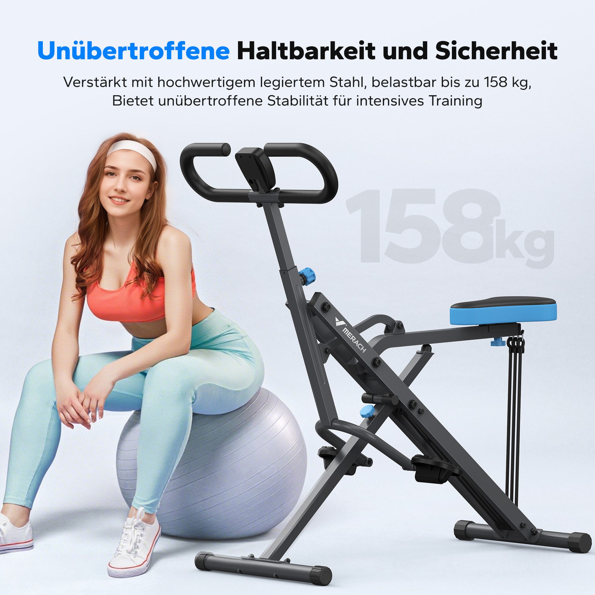 MERACH Bauchtrainer Fitnessgerät für Zuhause, Bauchmuskeltrainer, Rückentrainer (3 einstellbare Widerstandsbänder, bis 158 kg belastbar, klappbar, Platzsparend, verstellbarem Sitz, Armlehne und Lenker, LCD-Monitor), Kniebeugentrainer, Heimtrainer, Bauchtrainer für Ganzkörpertraining