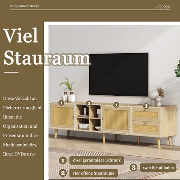 Merax Lowboard mit Schubladen und offenen Fächer, TV-Board mit Türen, Rattangeflecht, TV-Schrank Landhaus, B:180cm