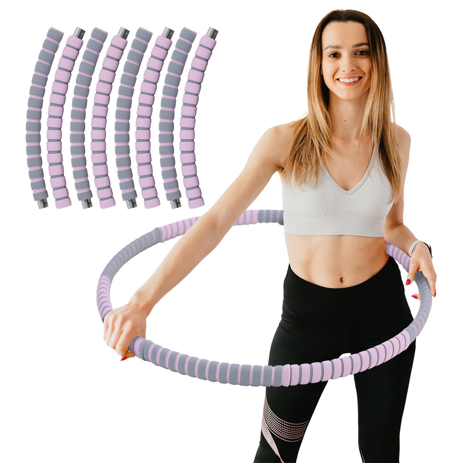 Hula-Hoop-Reifen Fitness Reifen Edelstahl 8 Teile gepolstert befüllbar Grau Pink