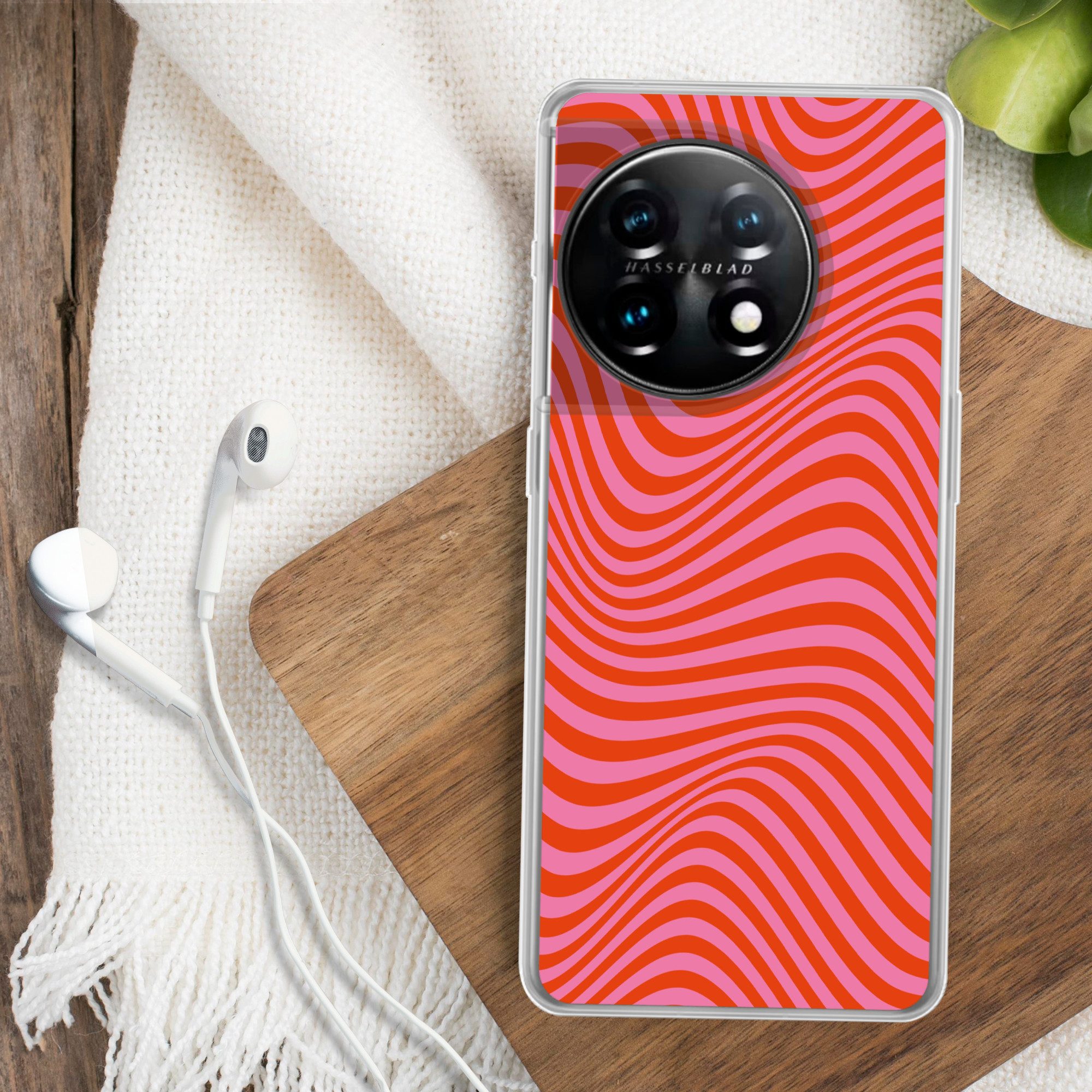 MuchoWow Handyhülle für OnePlus 11 Wellenförmiges Muster - Rot - Rosa - Linien, Handy Case, Silikon, Bumper Case Dünn