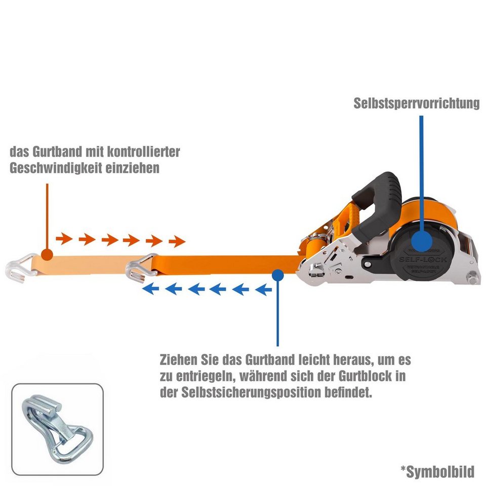 Petex Spanngurt Automatik-Ratschenspanngurt 1-teilig, 5 m, 35 mm, 1000/2000  daN mit Sicherheits-Doppelspitzhaken, selbstaufrollend, orange