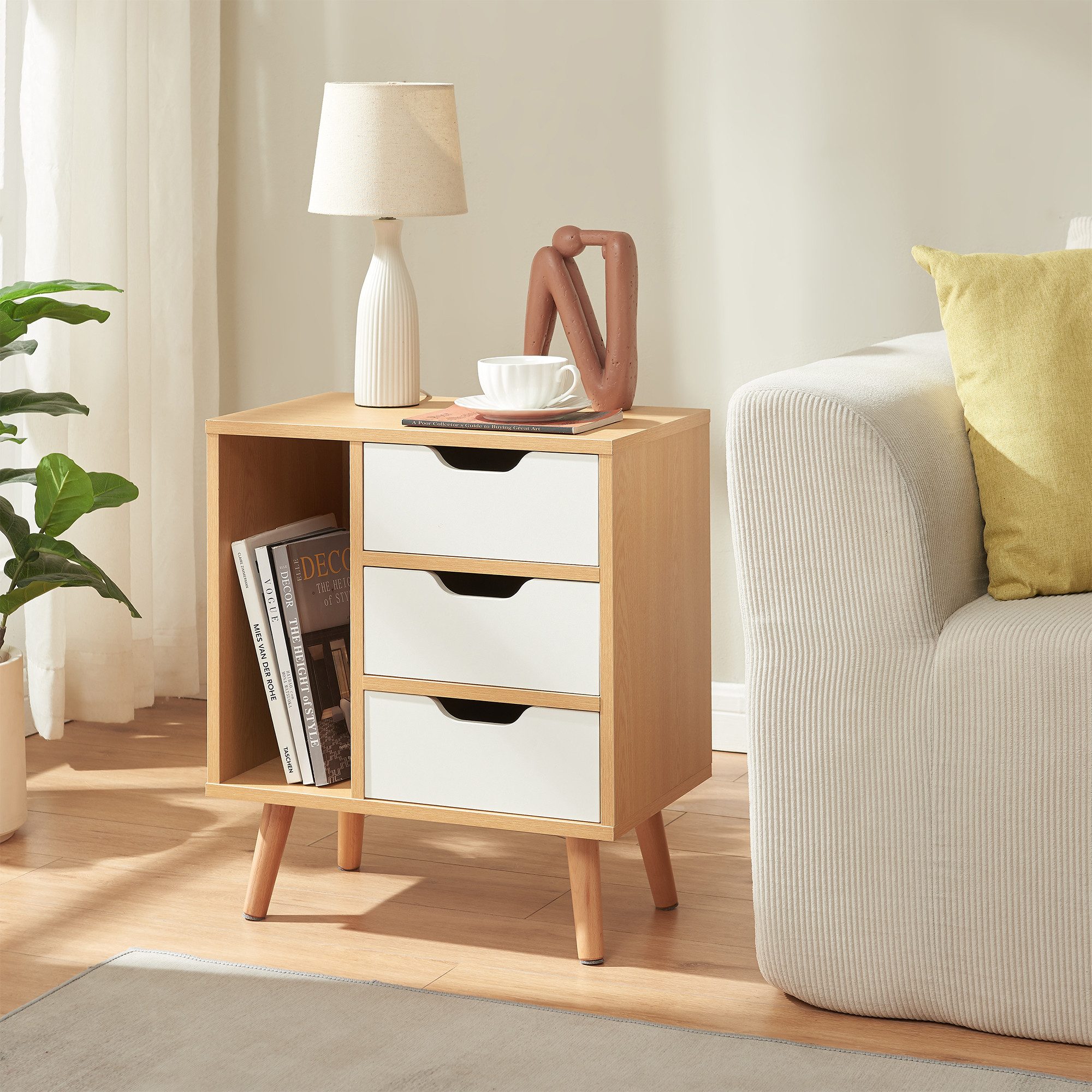 en.casa Nachttisch, »Bordkak« 55x48x30 cm 3 Schubladen 1 Fach Holzbeine Eicheoptik/Weiß