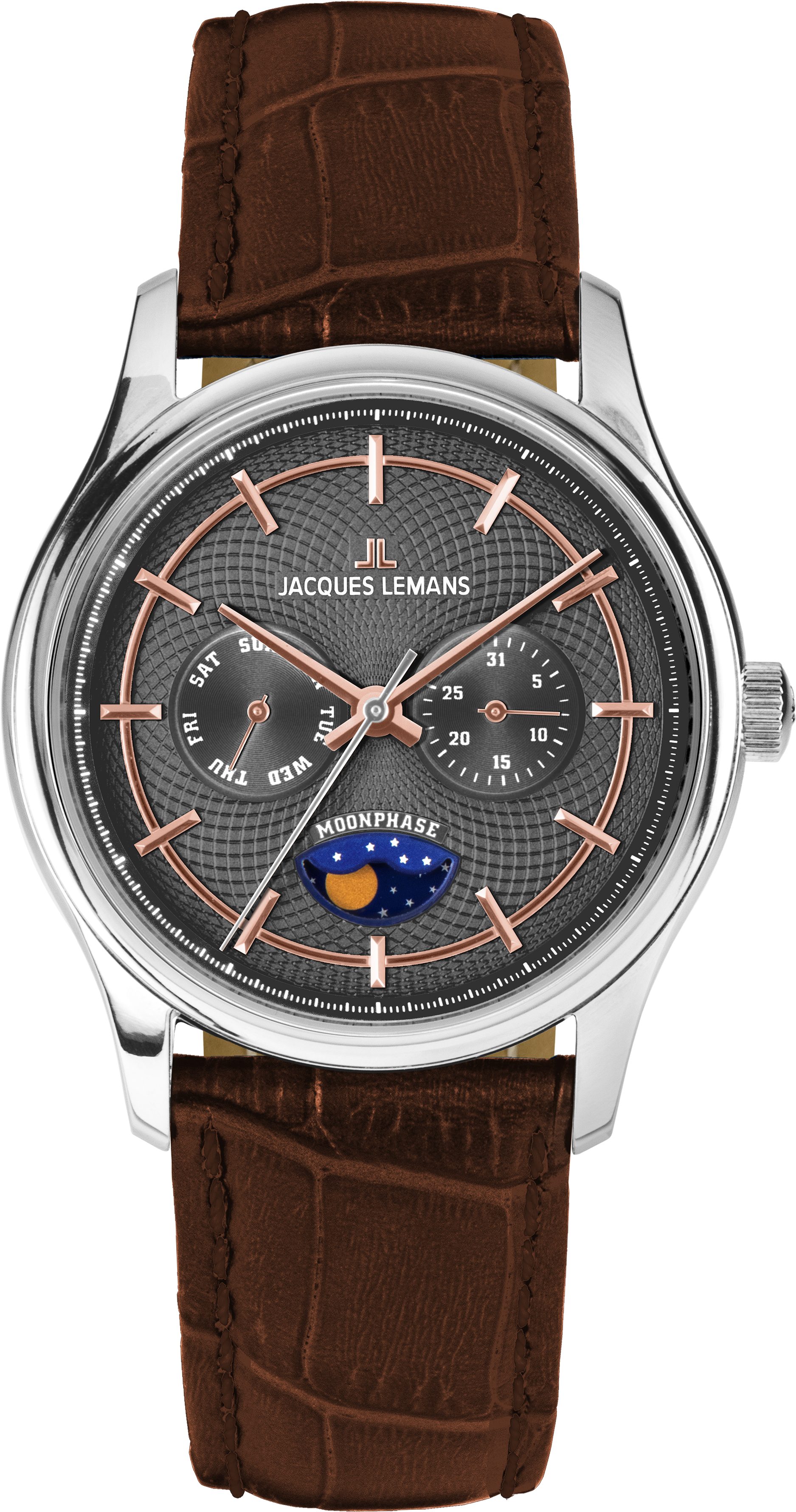 Jacques Lemans Quarzuhr Derby 1-2213E, Armbanduhr, Herrenuhr, analog, Wochentag, Mondphase