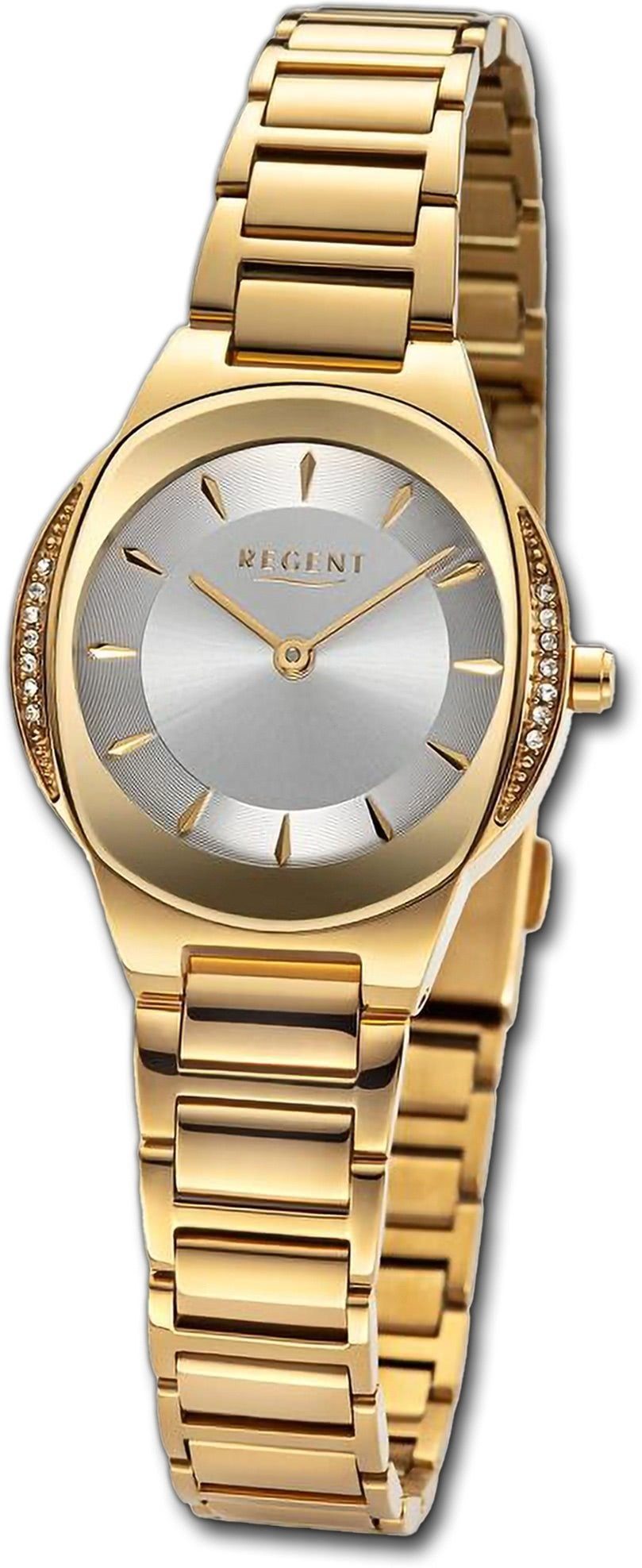 Regent Quarzuhr Regent Damen Armbanduhr Analog, Damenuhr Metallarmband gold, rundes Gehäuse, extra groß (ca. 28,5mm)