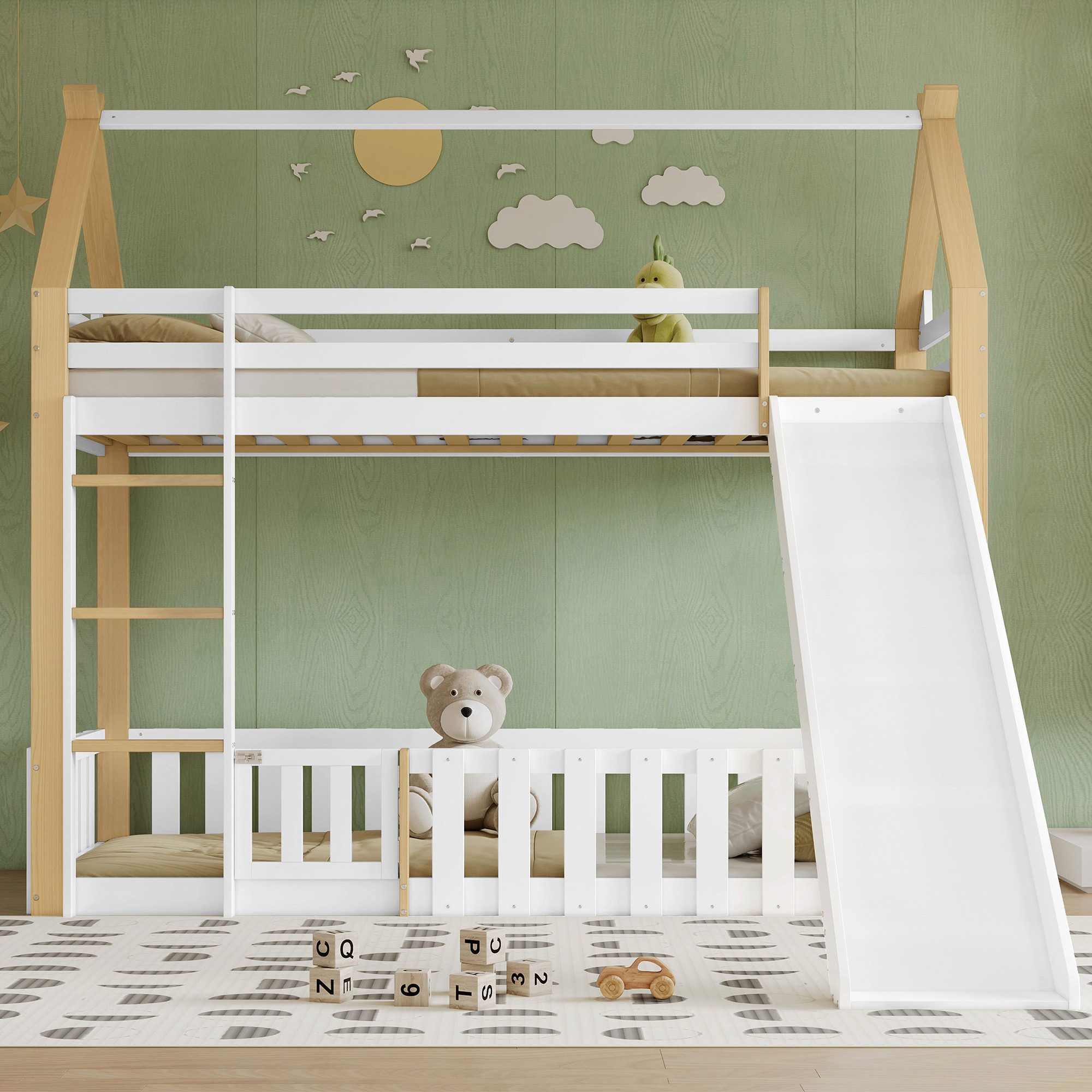 Merax Hochbett (Weiß+Natur, 1-St., Etagenbett Stockbett Jugendbett) Kieferh günstig online kaufen