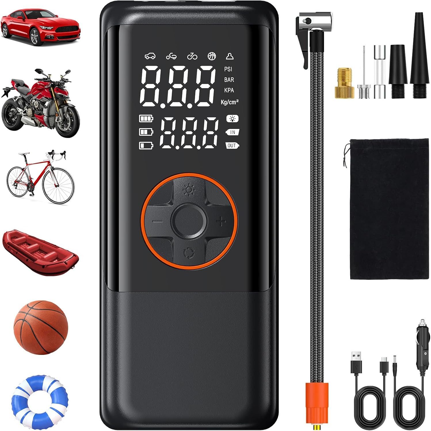 AIBISTAR Akku-Luftpumpe ragbare 7-in-1 Luftpumpe, 7800mAh Akku, LED-Display & SOS-Modus (Set, Set), Voreingestellte Druckmodi, automatische Abschaltung
