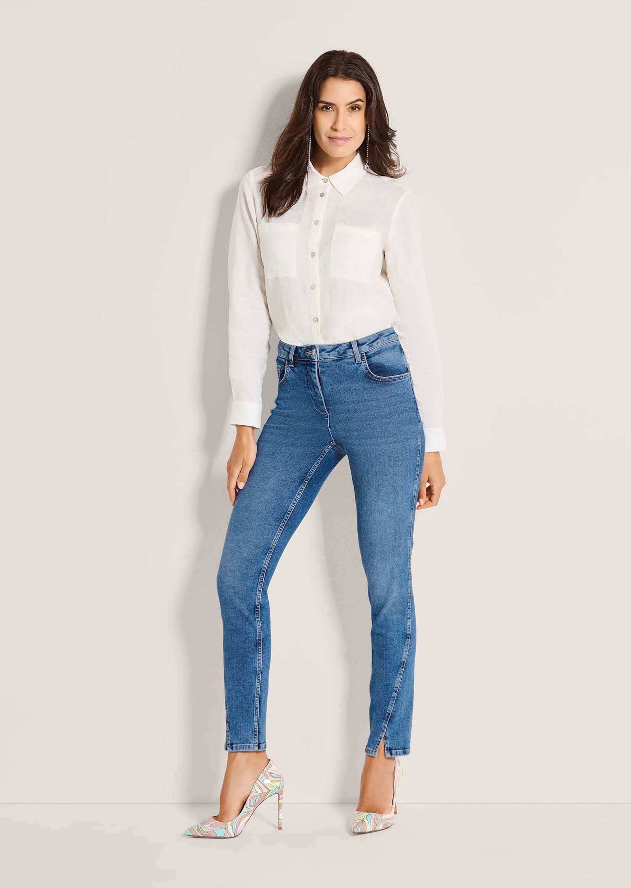 MADELEINE Gerade Jeans Skinnyjeans mit asymmetrischer Naht 5-Pocket-Hose mit Formbund, Gürtelschlaufen, Taschen und Knöchellänge