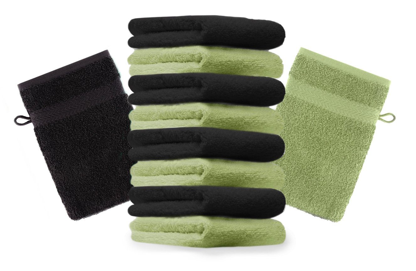 Betz Waschhandschuh 10 Stück Waschhandschuhe Premium 100% Baumwolle Waschlappen Set 16x21 cm Farbe schwarz und apfelgrün