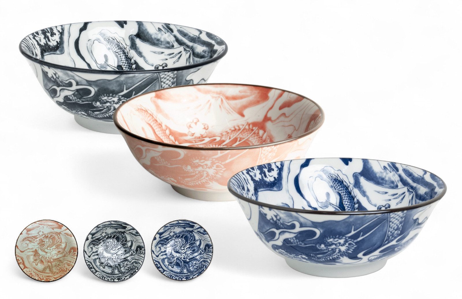 WestCraft Servierschüssel Japan-Bowls ASIATICA, Drachengott Edition, Porzellan-Schalen, 20,5 cm, Porzellan, Hochwertig, asiatische Ramen-, Reis-, Nudel-, Udon-, Suppen-Schüssel