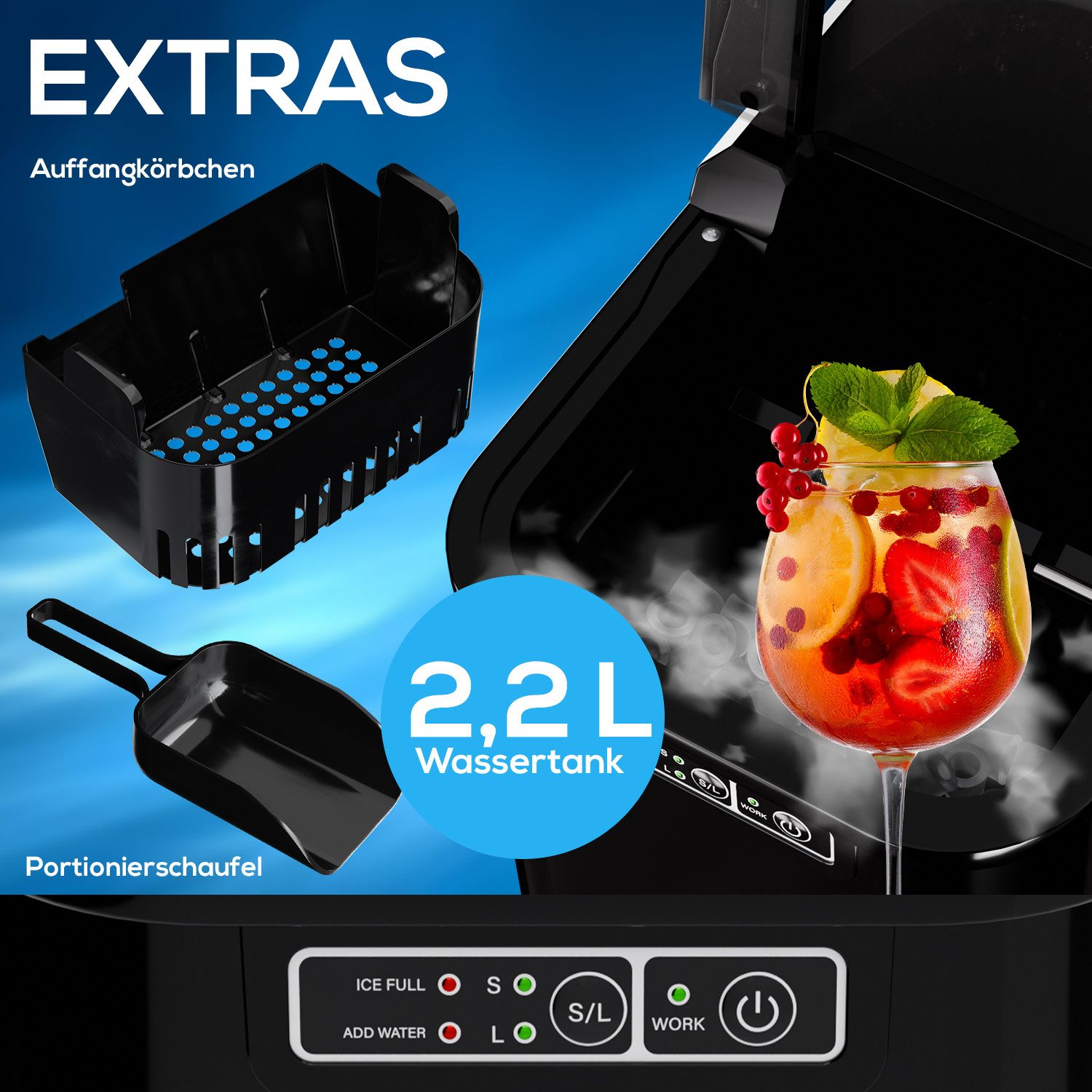 TroniTechnik Eiswürfelmaschine Ice Maker Eiswürfelbereiter inkl. Schaufel, Behälter, 2,2 Liter Wassertank, 12kg/24h, Würfelgrößen S/L, 150W, schwarz – Bild 5 von 5