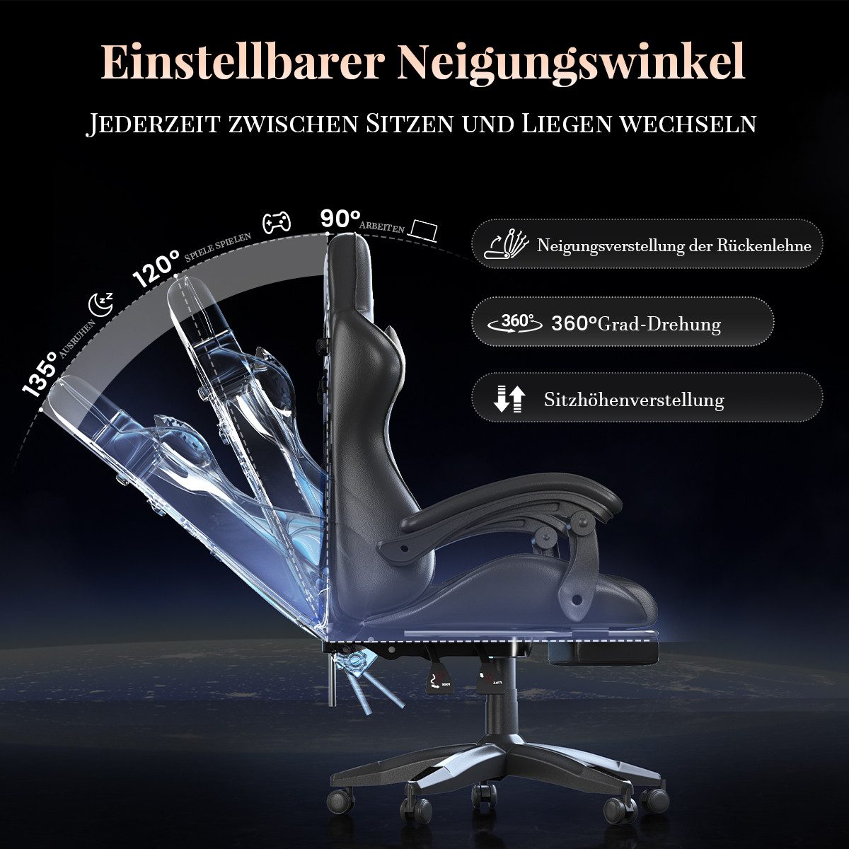 ZAISZE Gaming-Stuhl Schreibtischstuhl, Ergonomischer Bürostuhl mit Massagefunktion (PC Stuhl mit Fußstütze Kopfstütze Lendenkissen), Höhenverstellung Neigung 90 – Bild 5 von 5