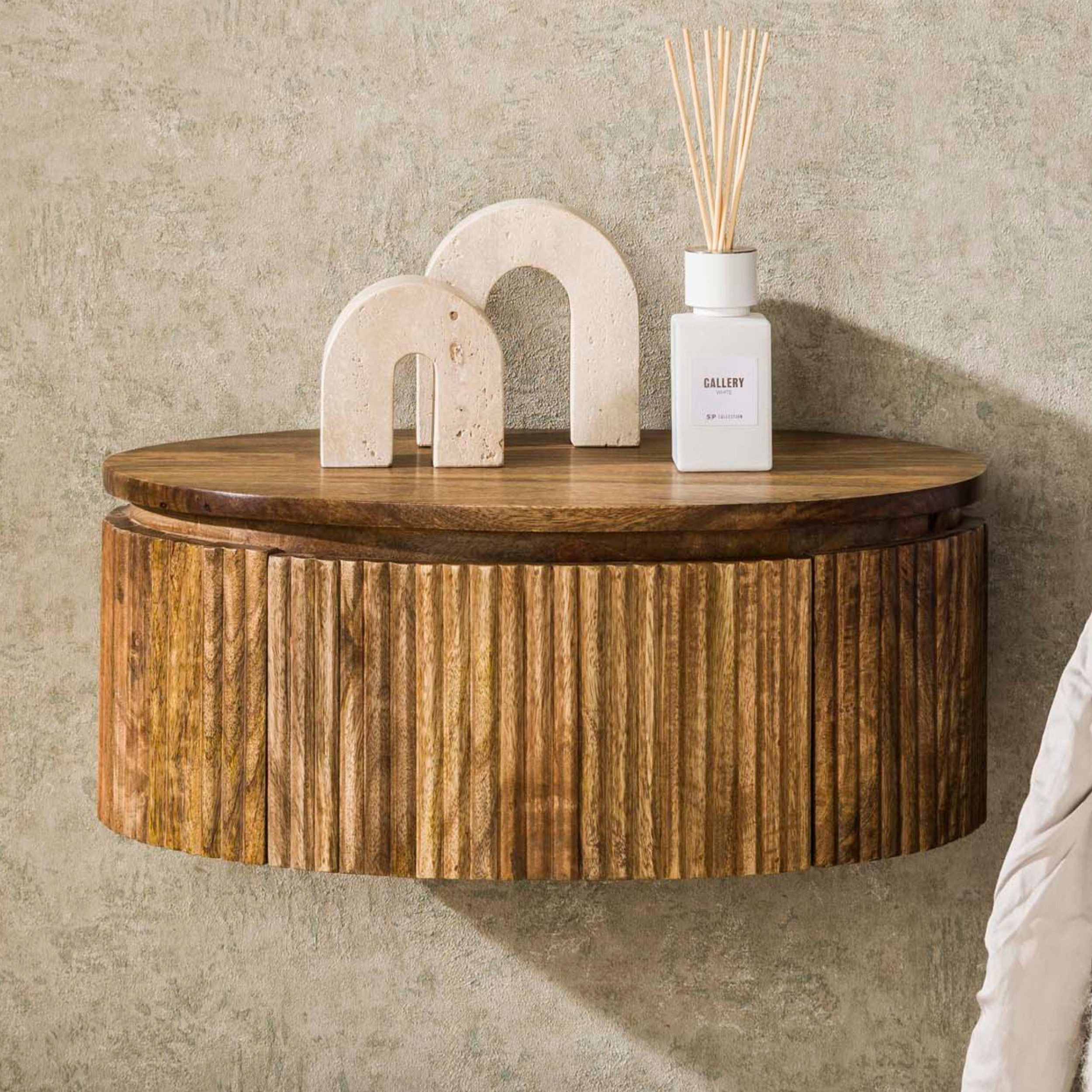 alesvelt Nachttisch WAVE ROUND AERO Schwebende, halbrunde Nachtkonsole aus Mangoholz 50 cm (1-Tisch), 35x50x20cm, Wellen-Design