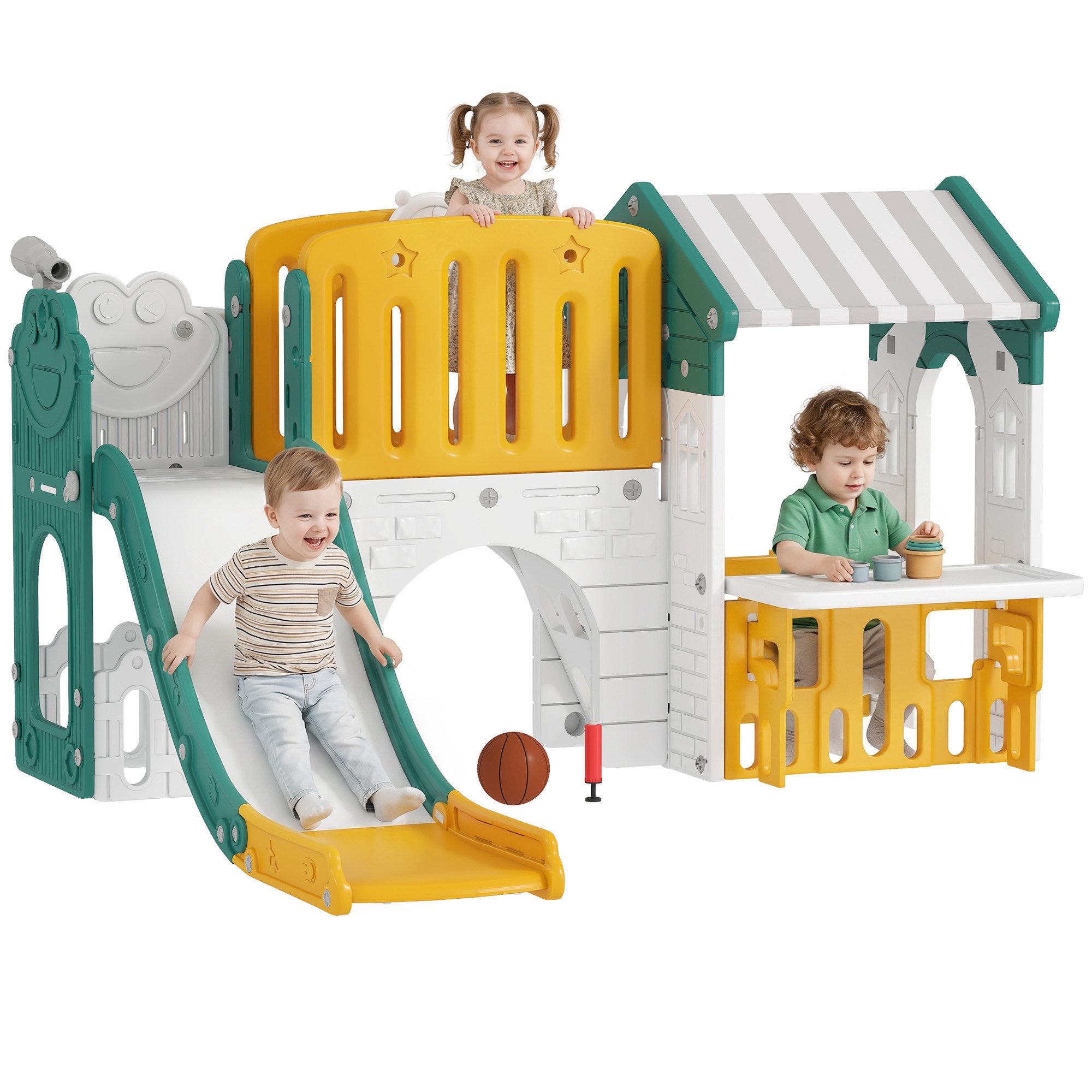 AIYAPLAY Rutsche 7 in 1 Spielplatz, (Gartenrutsche, 1-tlg., Babyrutsche), für Kinder 1-4 Jahre, Gelb+Grün