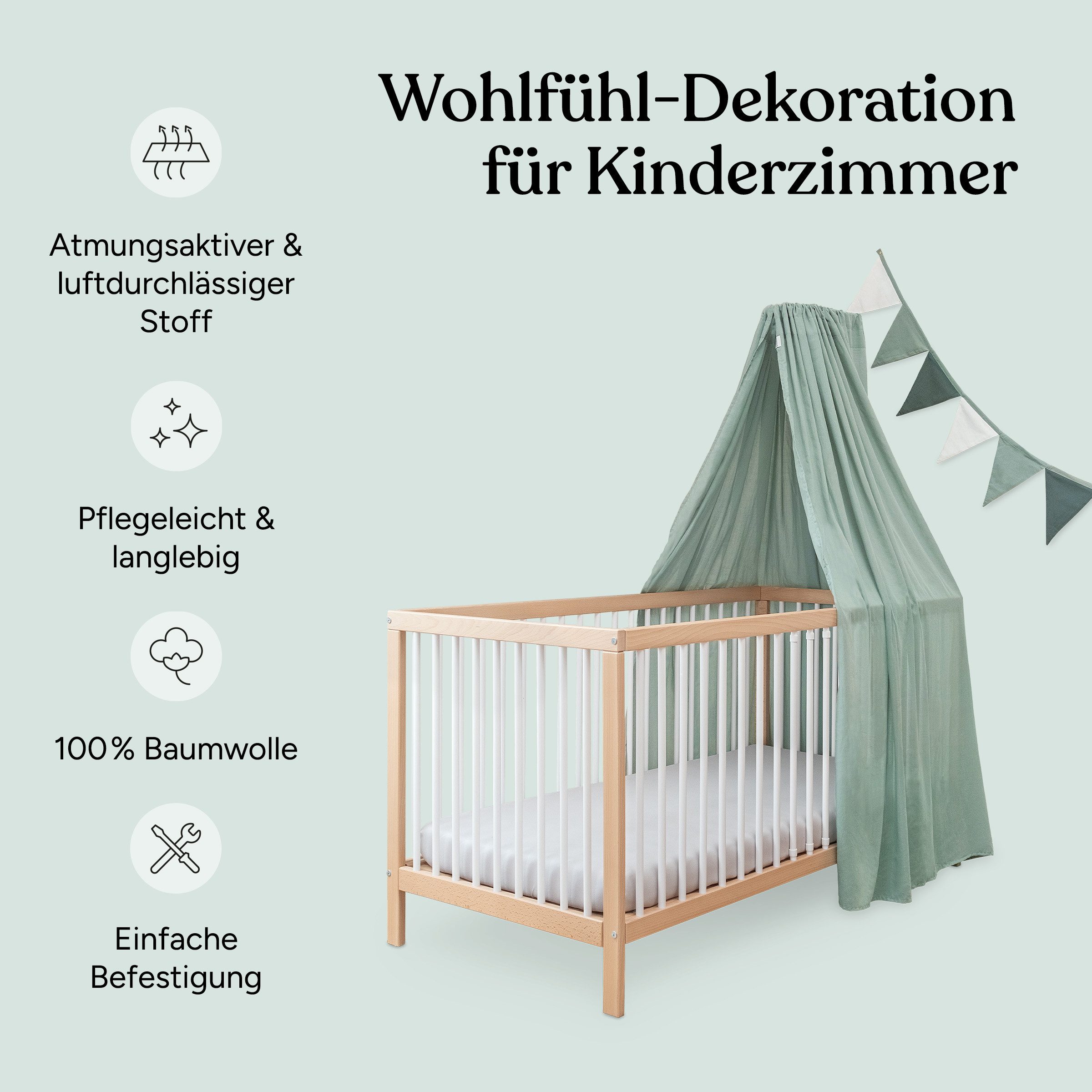 Ehrenkind Hängedekoration Deko Babybett, Kinderzimmer-Deko-Set (Kinderzimmer Deko), Baldachin & Wimpelkette für magische Momente, hochwertige Materialien