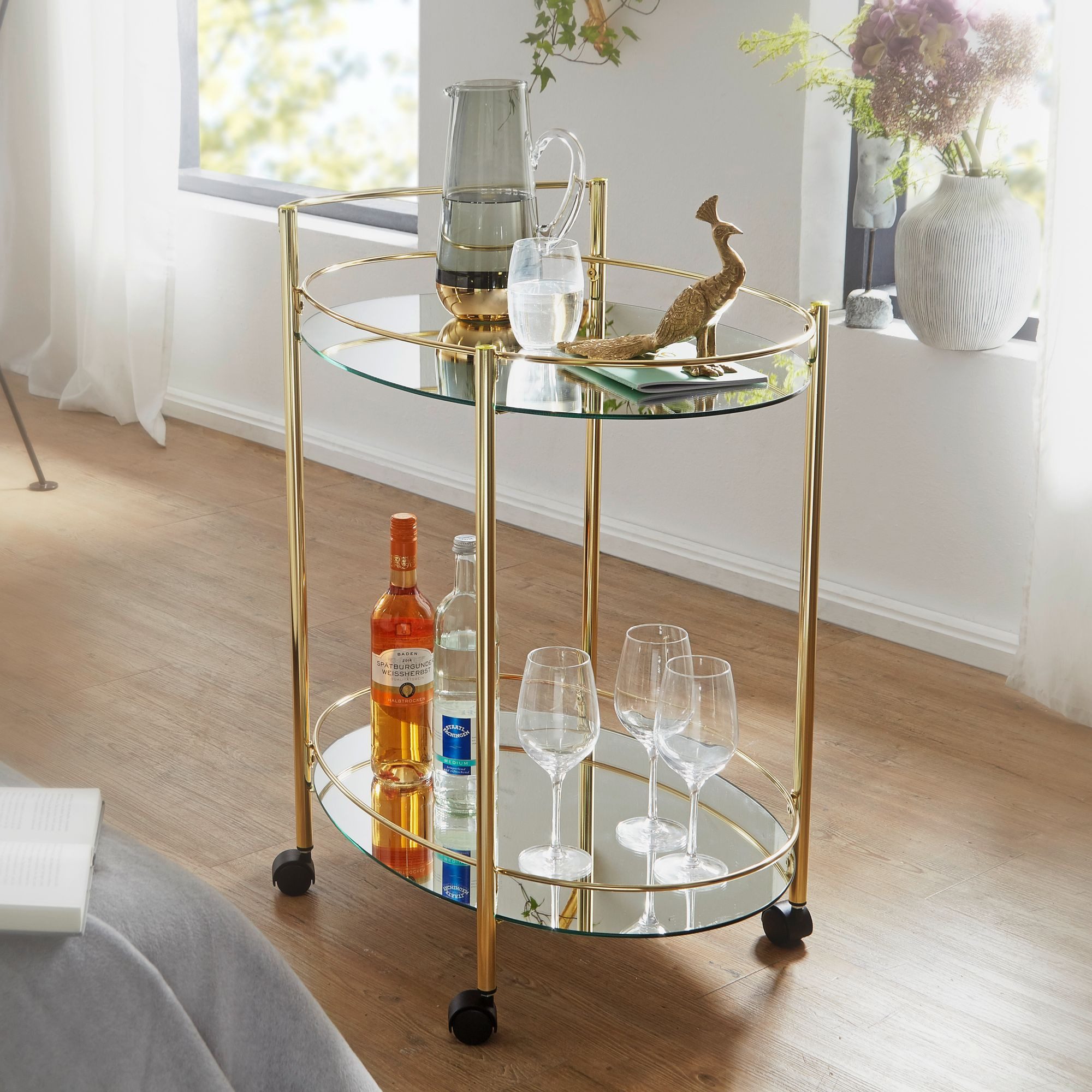 FINEBUY Servierwagen FB53002, (Gold 67x79 cm, Mobiler Beistelltisch Glas), günstig online kaufen