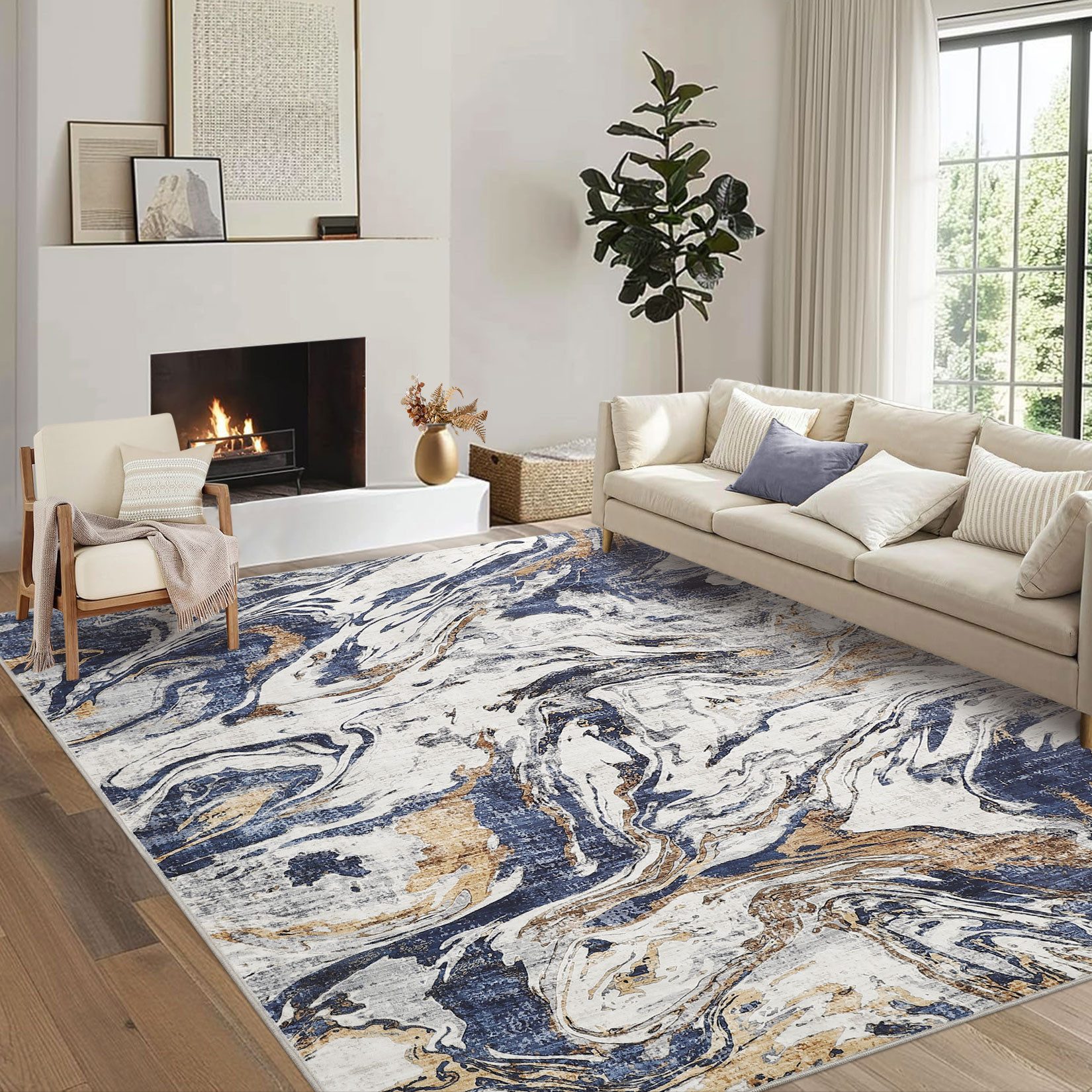 GarveeMore Teppich Waschbarer Falteppich, 350g/m² Florgewicht, TPR Rückseite Rutschfest, rechteckig, Höhe: 8 mm, Motiv "Wolken & Tinte", Blau/Grau/Braun für Wohnzimmer Schlafzimmer