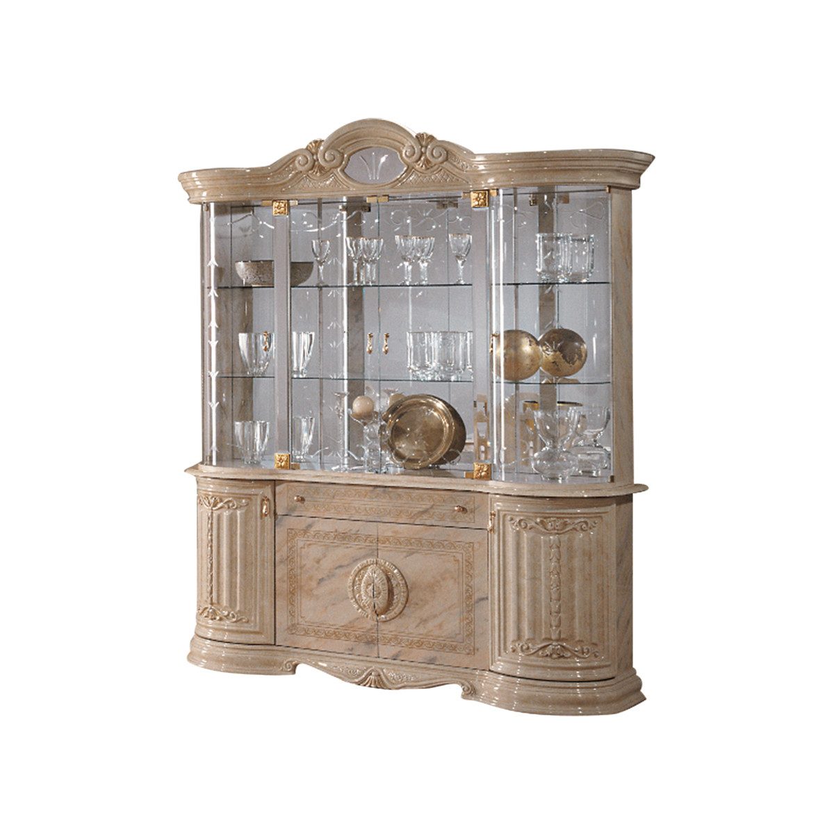 Interdesign24 Glasvitrine Bella (8-Türig, im Barock-Stil, mit Goldverzierungen) Beige/Gold Hochglanz
