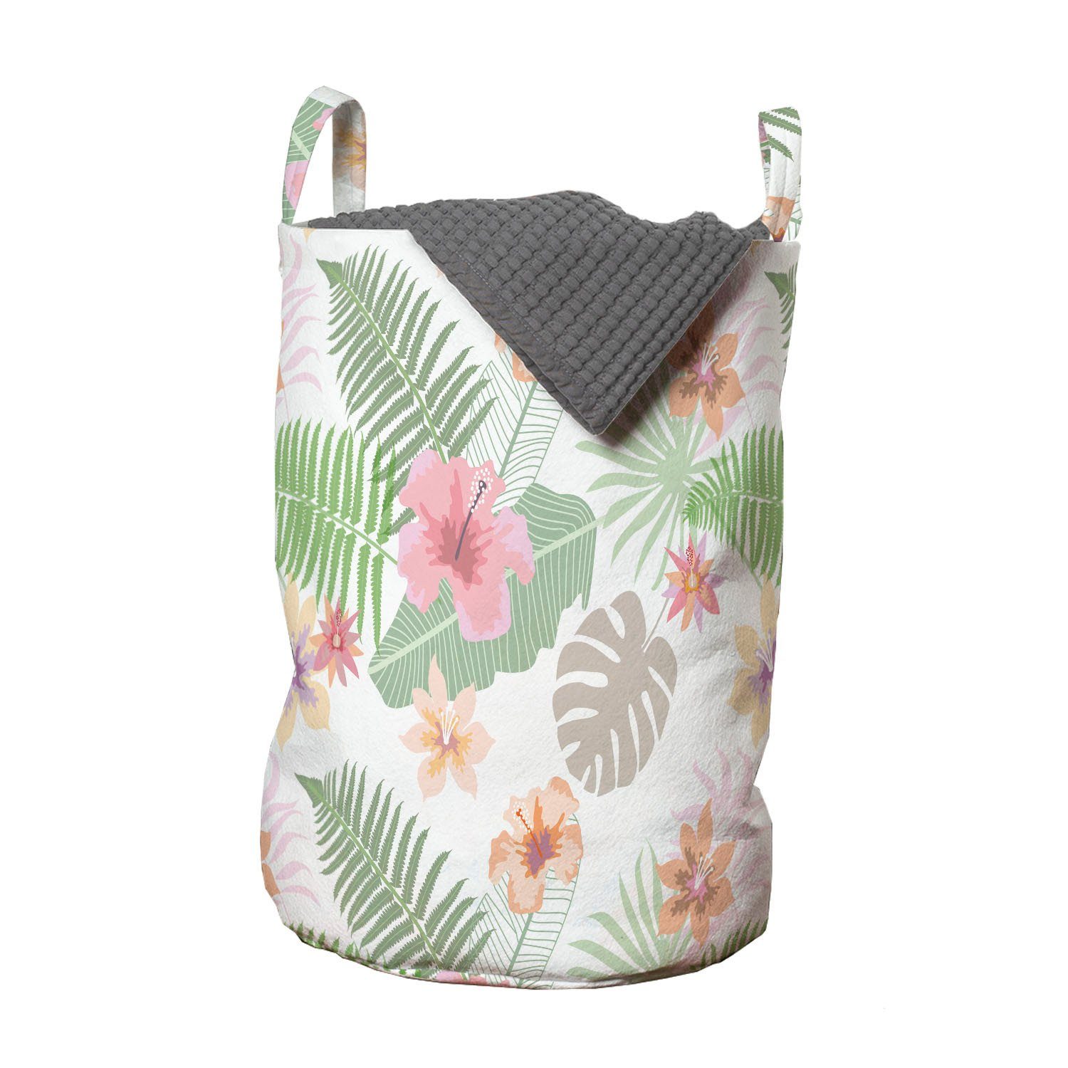 Abakuhaus Wäschesäckchen Wäschekorb mit Griffen Kordelzugverschluss für Waschsalons, Botanisch Blumen und Farn-Muster