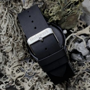 Holzwerk Quarzuhr HIRSCHHORN Damen & Herren Leder Holz Uhr mit Hirsch Logo, schwarz
