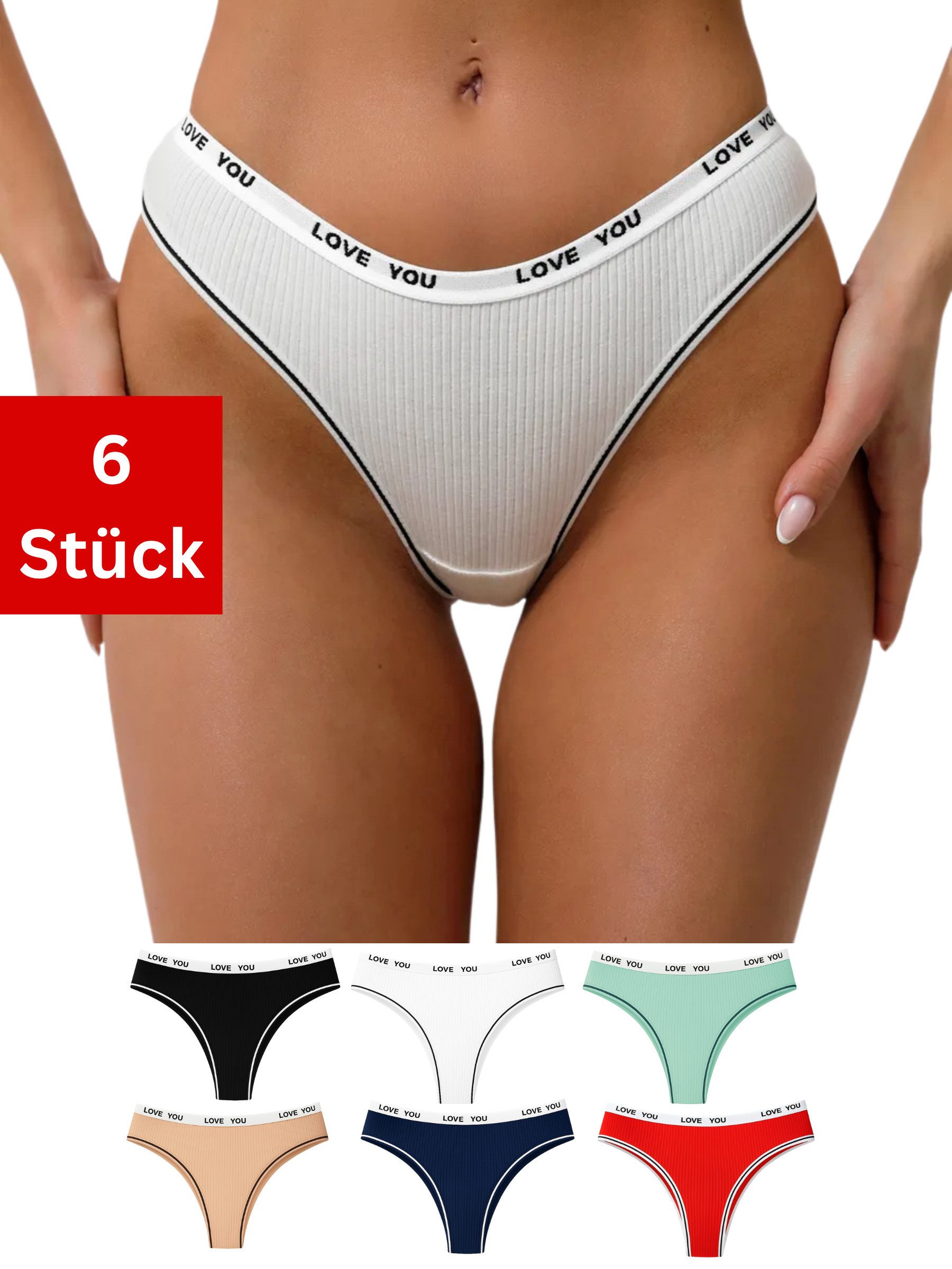 Elegant Love Tangaslip Bequeme Dessous mit niedriger Taille, Brasilien Slip (Set, 6-St., 6er-Pack Baumwoll-Panties) V-Strings, Höschen Lingerie für Damen, Unterwäsche, Unterhosen