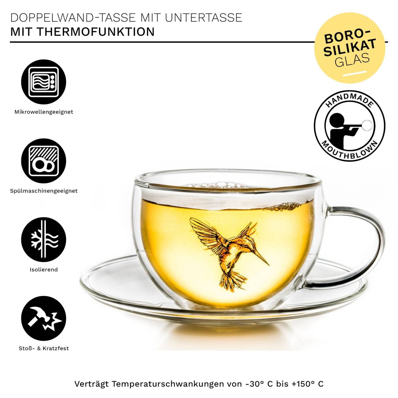 Creano Teeglas Teeglas Thermo Tasse mit Untersetzer “Rot” 250ml, Borosilikatglas, 2-teilig