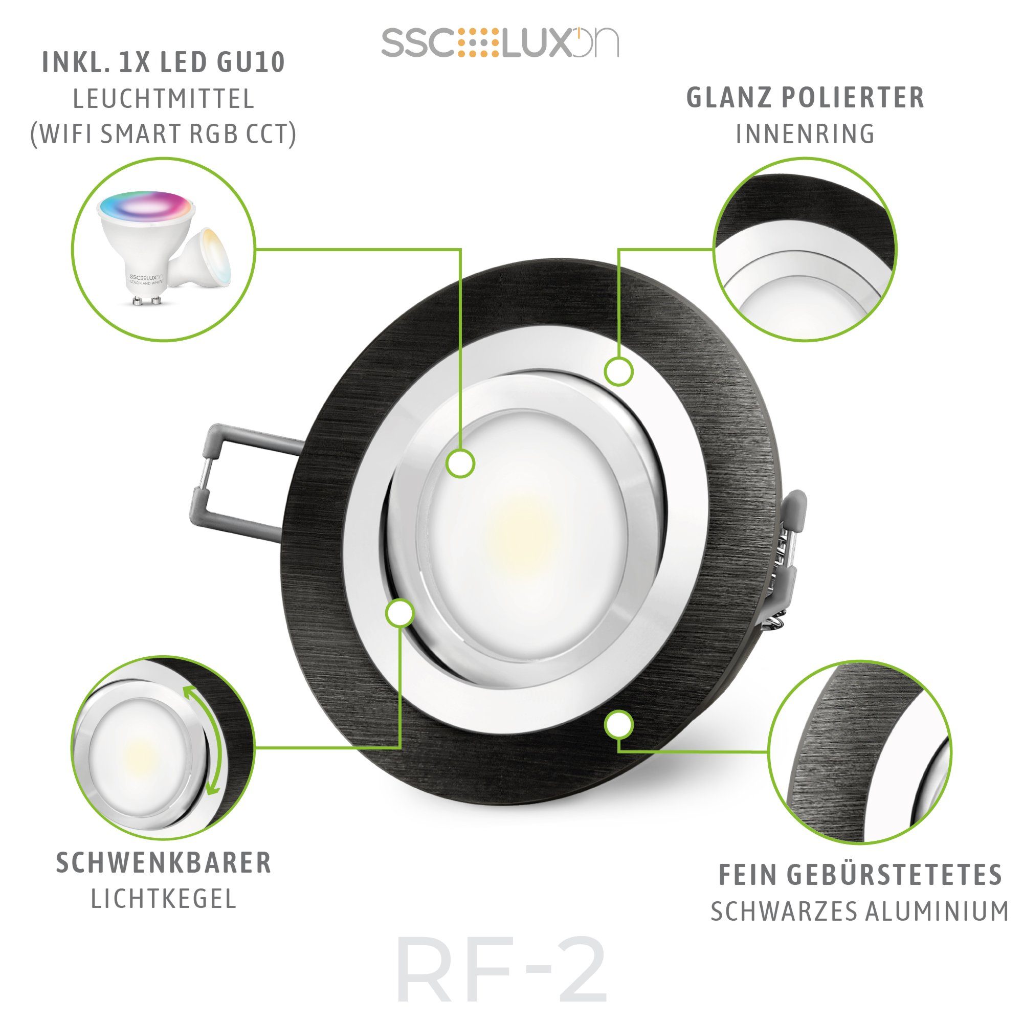 rund, WiFi RGB SSC-LUXon RF-2 Einbauspot RGB Einbaustrahler GU10 in LED schwenkbar dimmbar mit LED