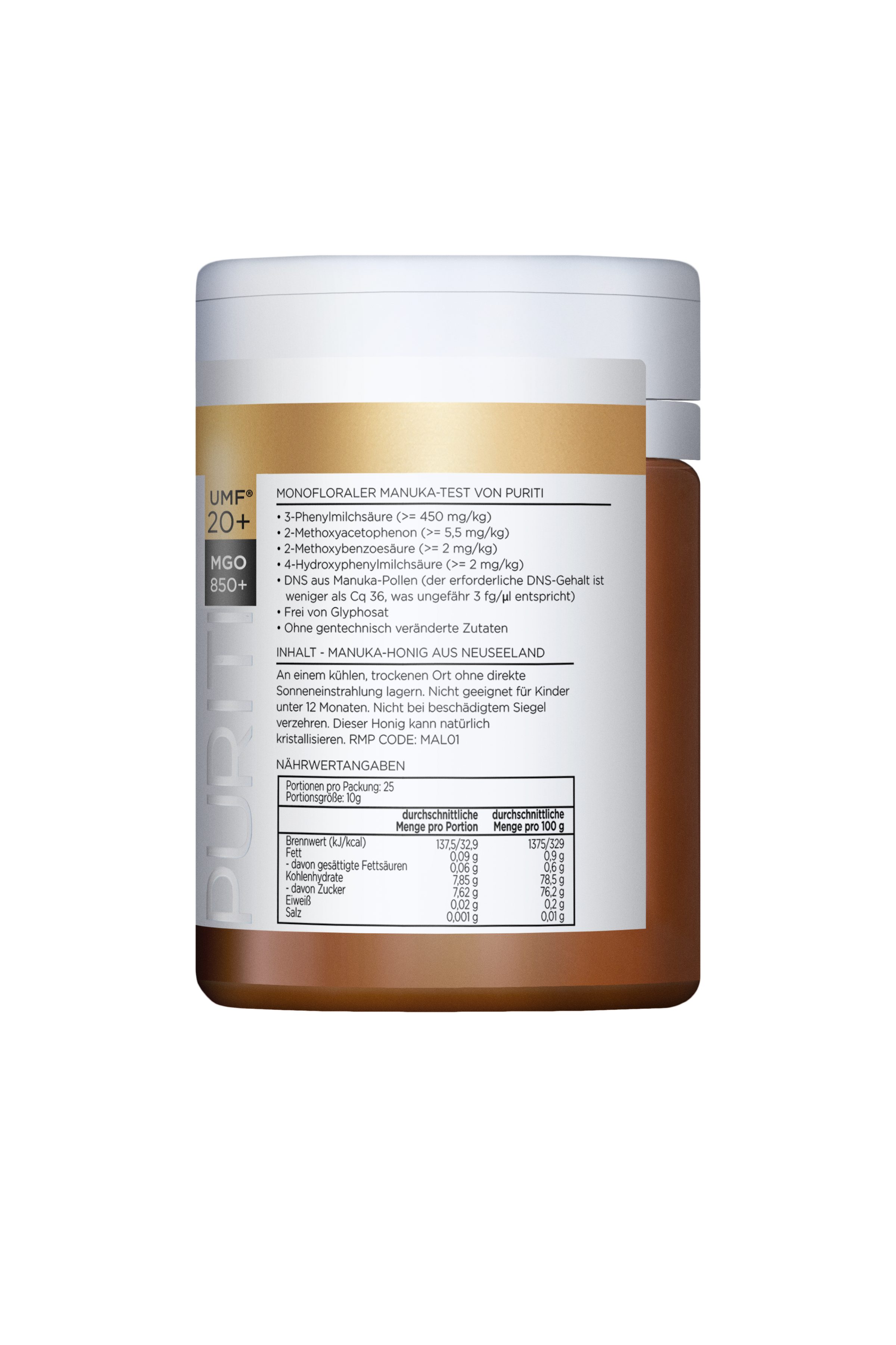 PURITI Honig Manuka-Honig MGO 850+, 250 g, 1 St. – Bild 3 von 3