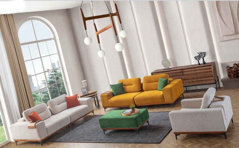 JVmoebel Wohnzimmer-Set Großes Wohnzimmer Set 3 Textil Sofas Polsterhocker 3x Beistelltische, (7-St., 2x 3-Sitzer, Sessel, Hocker, 3x Beistelltisch), Made in Europa